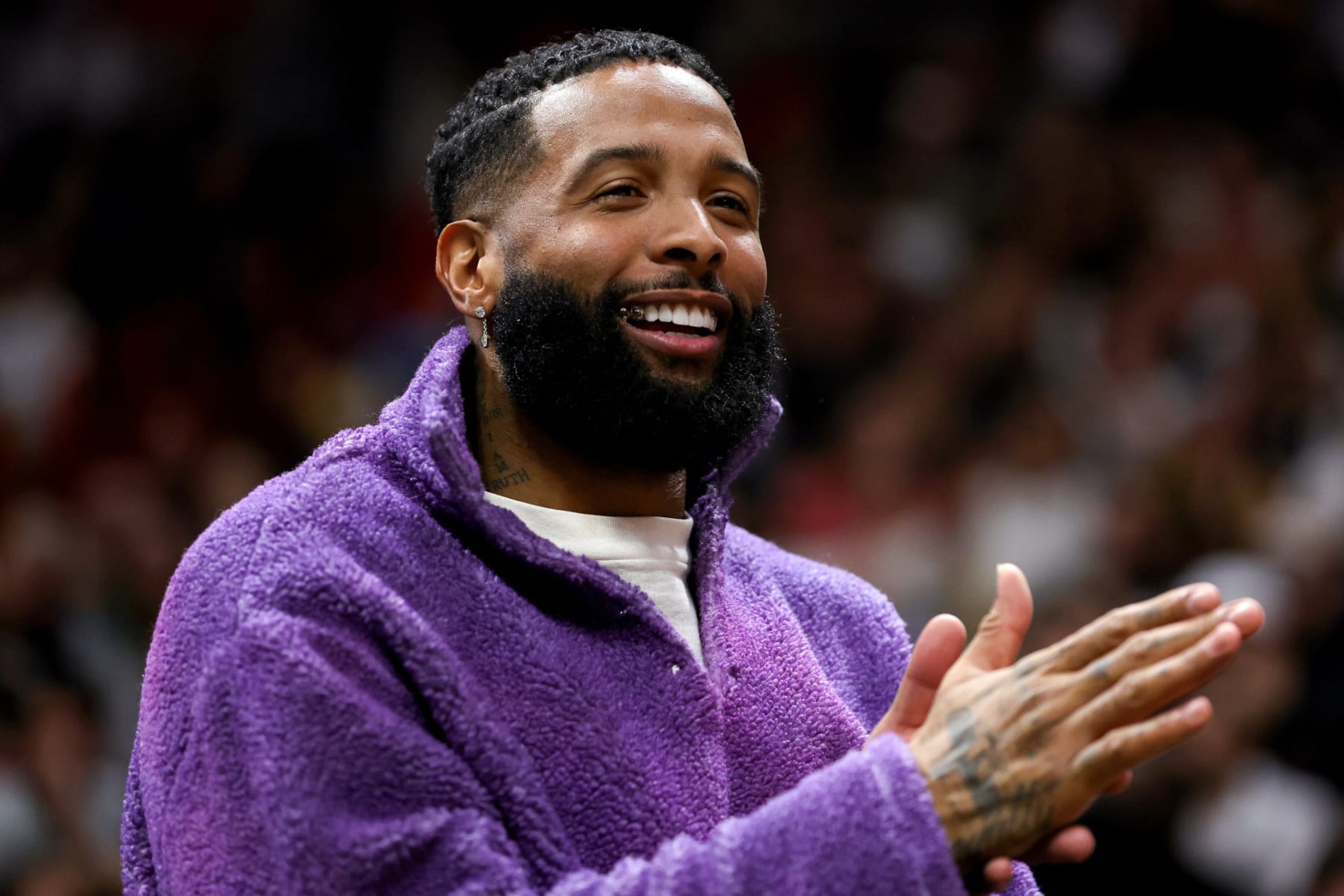 MIAMI, FLORIDA - DECEMBER 28: Odell Beckham Jr. looks on during a game between the Los Angeles Lakers and Miami Heat at FTX Arena on December 28, 2022 in Miami, Florida. NOTE TO USER: User expressly acknowledges and agrees that, by downloading and or using this photograph, User is consenting to the terms and conditions of the Getty Images License Agreement. (Photo by Megan Briggs/Getty Images) MIAMI, FLORIDA - DECEMBER 28: Odell Beckham Jr. looks on during a game between the Los Angeles Lakers and Miami Heat at FTX Arena on December 28, 2022 in Miami, Florida. NOTE TO USER: User expressly acknowledges and agrees that, by downloading and or using this photograph, User is consenting to the terms and conditions of the Getty Images License Agreement. (Photo by Megan Briggs/Getty Images)