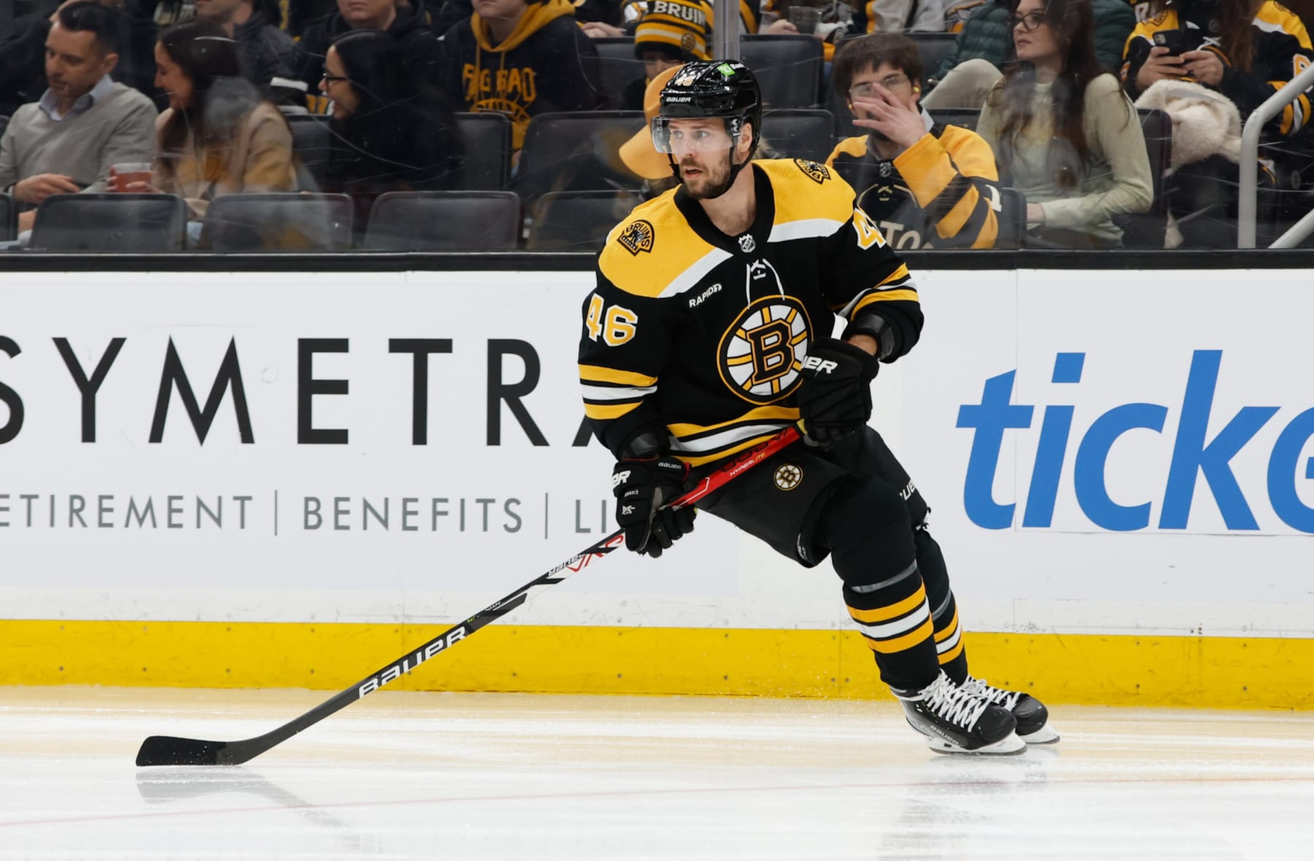 BOSTON, MA - MARCH 28: David Krejci #46 of the Boston Bruins skates against the Nashville Predators during the second period at the TD Garden on March 28, 2023 in Boston, Massachusetts. The Predators won 2-1. (Photo by Richard T Gagnon/Getty Images)