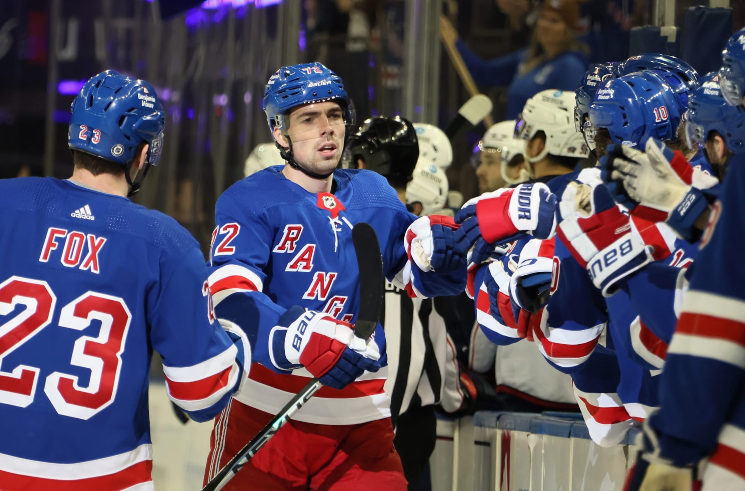 NEW YORK, NEW YORK - MARCH 28: Filip Chytil #72 of the New York Rangers celebrates his first period goal against the Columbus Blue Jackets at Madison Square Garden on March 28, 2023 in New York City. (Photo by Bruce Bennett/Getty Images)