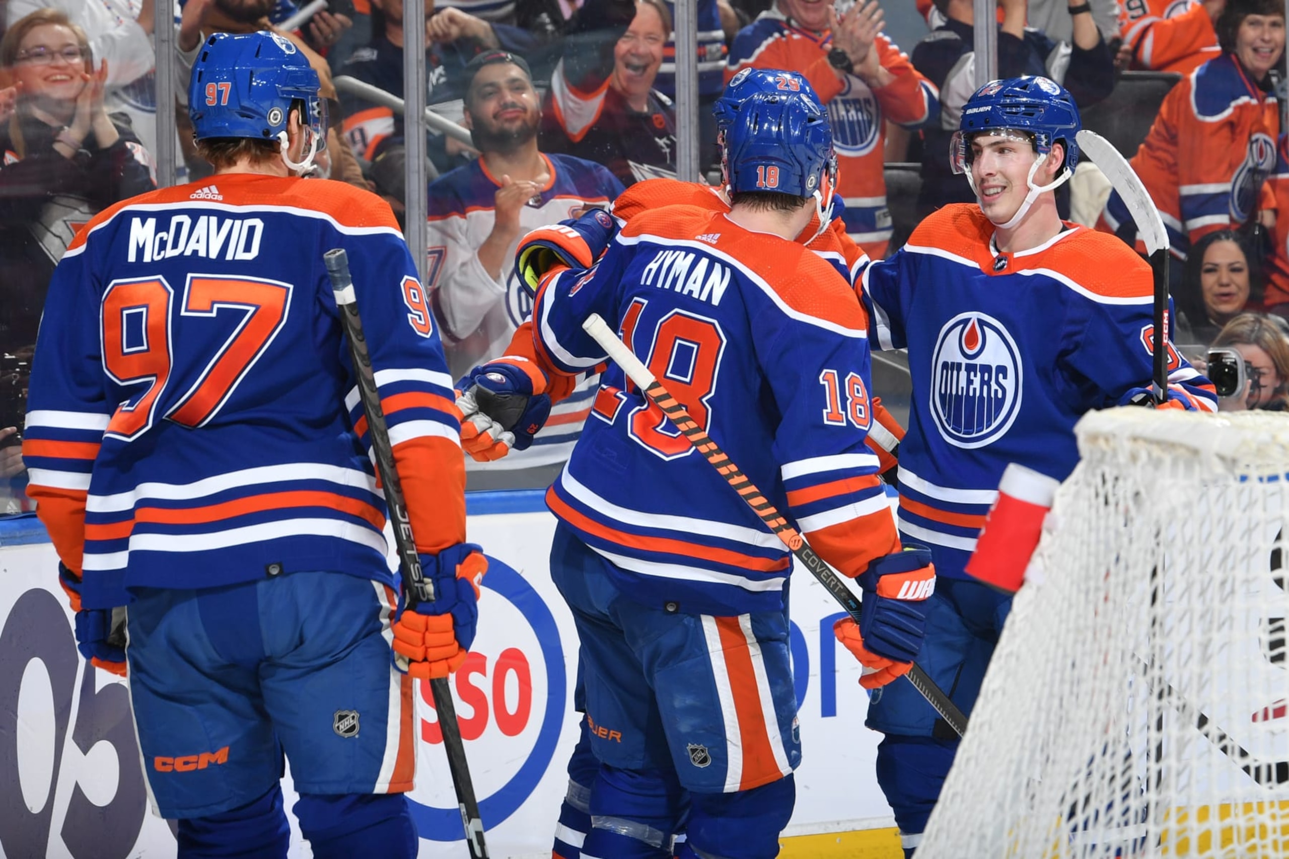 EDMONTON, CANADA - APRIL 01: Leon Draisaitl #29 of the Edmonton Oilers celebrates after his second goal of the second period against the Anaheim Ducks with Ryan Nugent-Hopkins #93, Zach Hyman #18 and Connor McDavid #97 on April 1, 2023 at Rogers Place in Edmonton, Alberta, Canada. (Photo by Andy Devlin/NHLI via Getty Images)