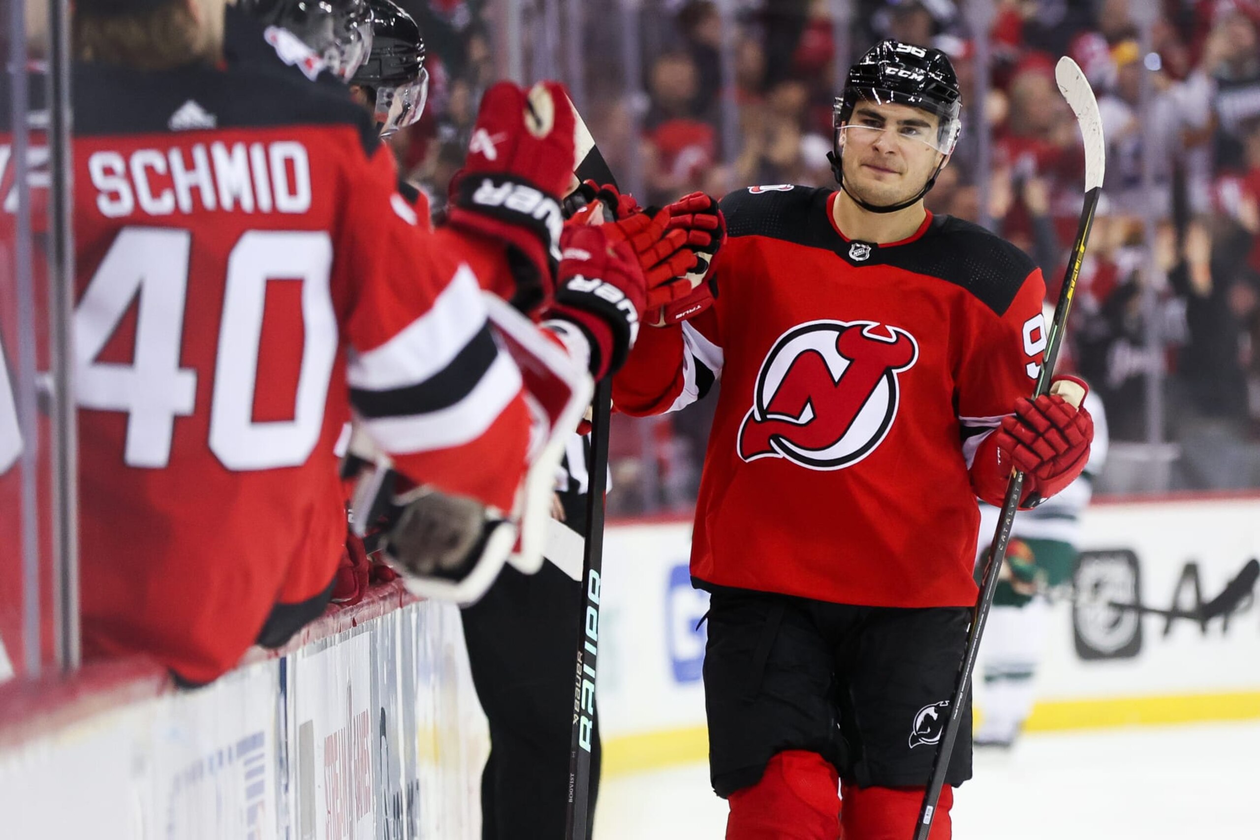 NEWARK, NJ - MARCH 21: New Jersey Devils right wing Timo Meier (96) celebrates after scoring a goal during the National Hockey League game between the Minnesota Wild and the New Jersey Devils on March 21, 2023 at Prudential Center in Newark, NJ. (Photo by Andrew Mordzynski/Icon Sportswire via Getty Images)