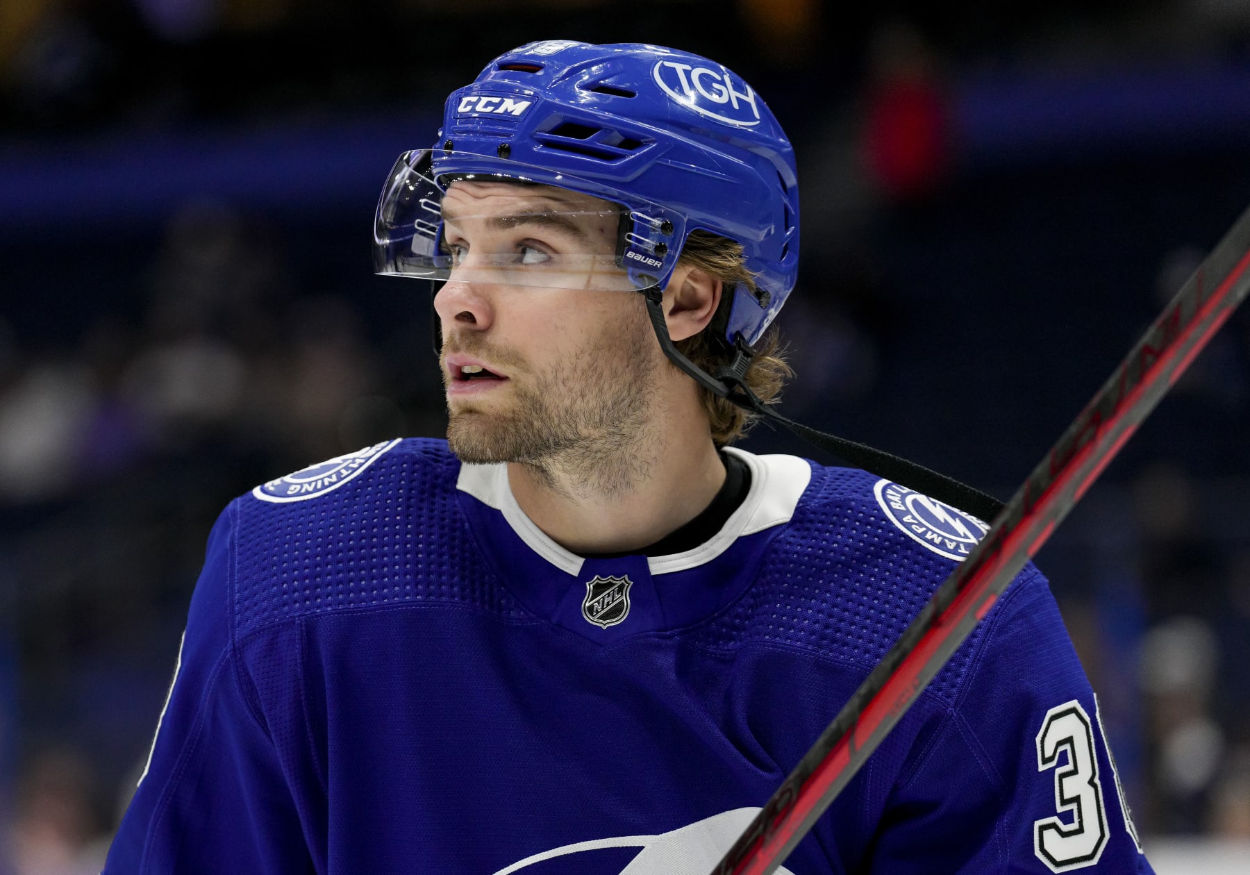 TAMPA, FL - MARCH 30: Tampa Bay Lightning left wing Brandon Hagel (38) warms up before  the NHL Hockey match between the Tampa Bay Lightning and Washington Capitals on March 30th, 2023 at Amalie Arena in Tampa, FL. (Photo by Andrew Bershaw/Icon Sportswire via Getty Images)