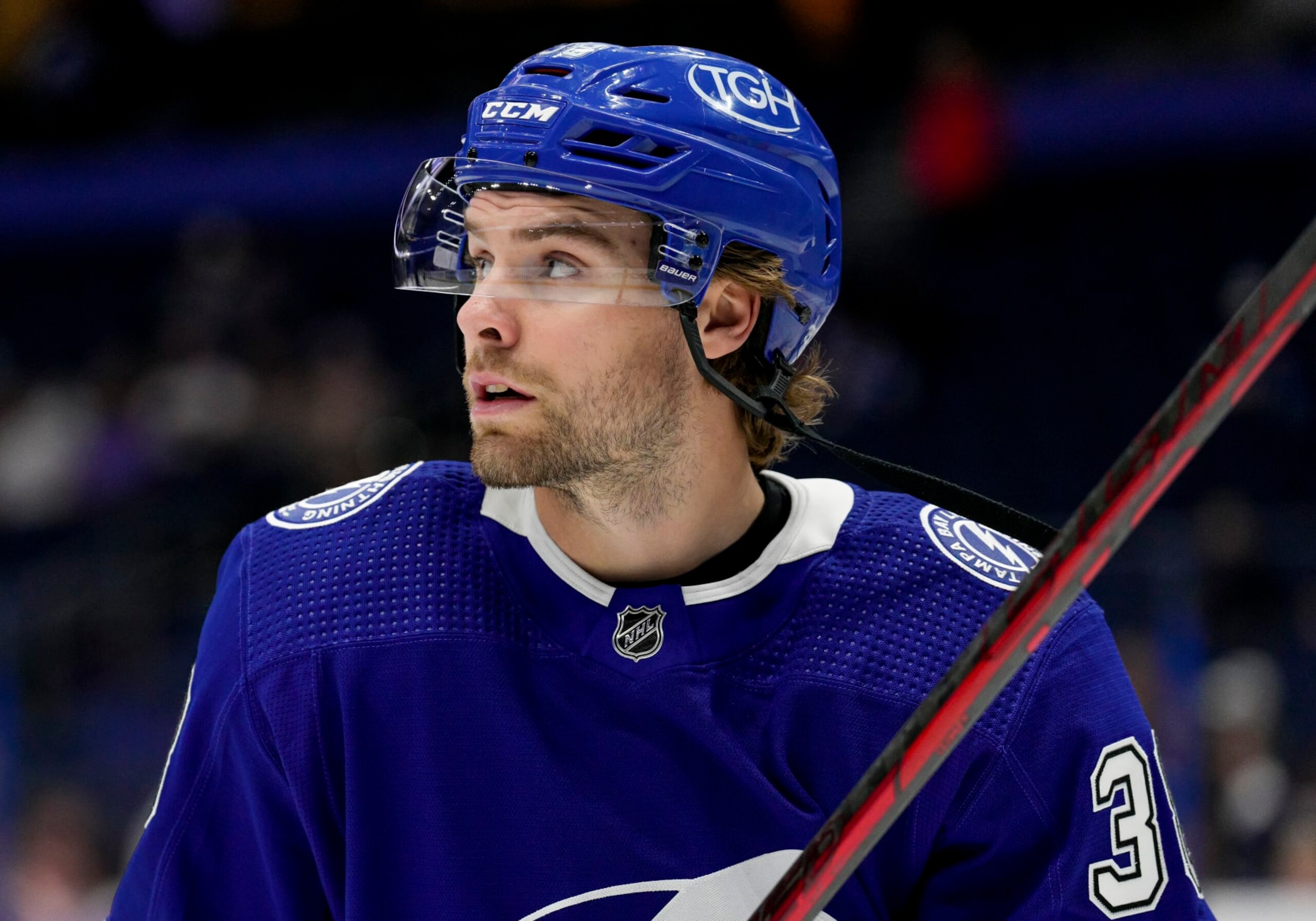 TAMPA, FL - MARCH 30: Tampa Bay Lightning left wing Brandon Hagel (38) warms up before  the NHL Hockey match between the Tampa Bay Lightning and Washington Capitals on March 30th, 2023 at Amalie Arena in Tampa, FL. (Photo by Andrew Bershaw/Icon Sportswire via Getty Images)