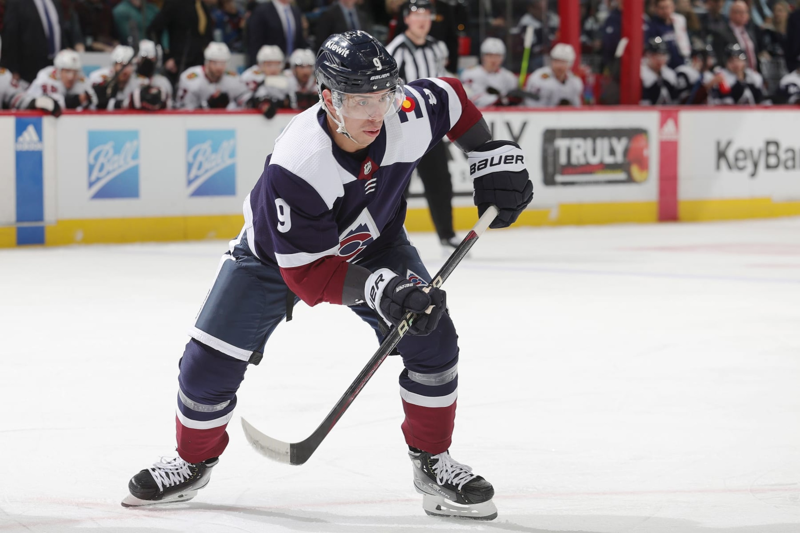 DENVER, COLORADO - MARCH 20: Evan Rodrigues #9 of the Colorado Avalanche skates against the Chicago Blackhawks at Ball Arena on March 20, 2023 in Denver, Colorado. (Photo by Michael Martin/NHLI via Getty Images)