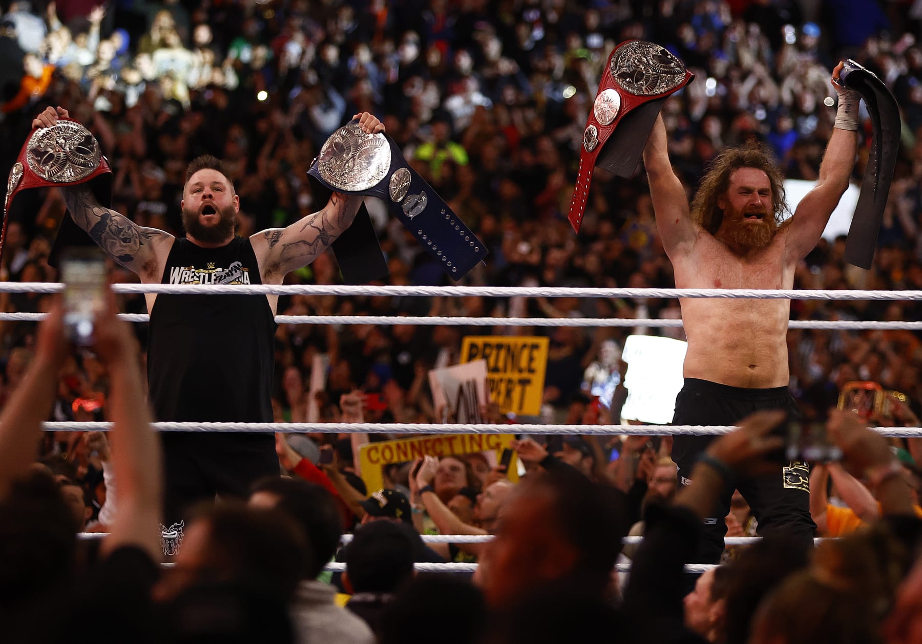 INGLEWOOD, CALIFORNIA - APRIL 01: Kevin Owens and Sami Zayn after defeating The Usos for the Undisputed WWE tag team championship during WrestleMania Goes Hollywood at SoFi Stadium on April 01, 2023 in Inglewood, California. (Photo by Ronald Martinez/Getty Images) INGLEWOOD, CALIFORNIA - APRIL 01: Kevin Owens and Sami Zayn after defeating The Usos for the Undisputed WWE tag team championship during WrestleMania Goes Hollywood at SoFi Stadium on April 01, 2023 in Inglewood, California. (Photo by Ronald Martinez/Getty Images)