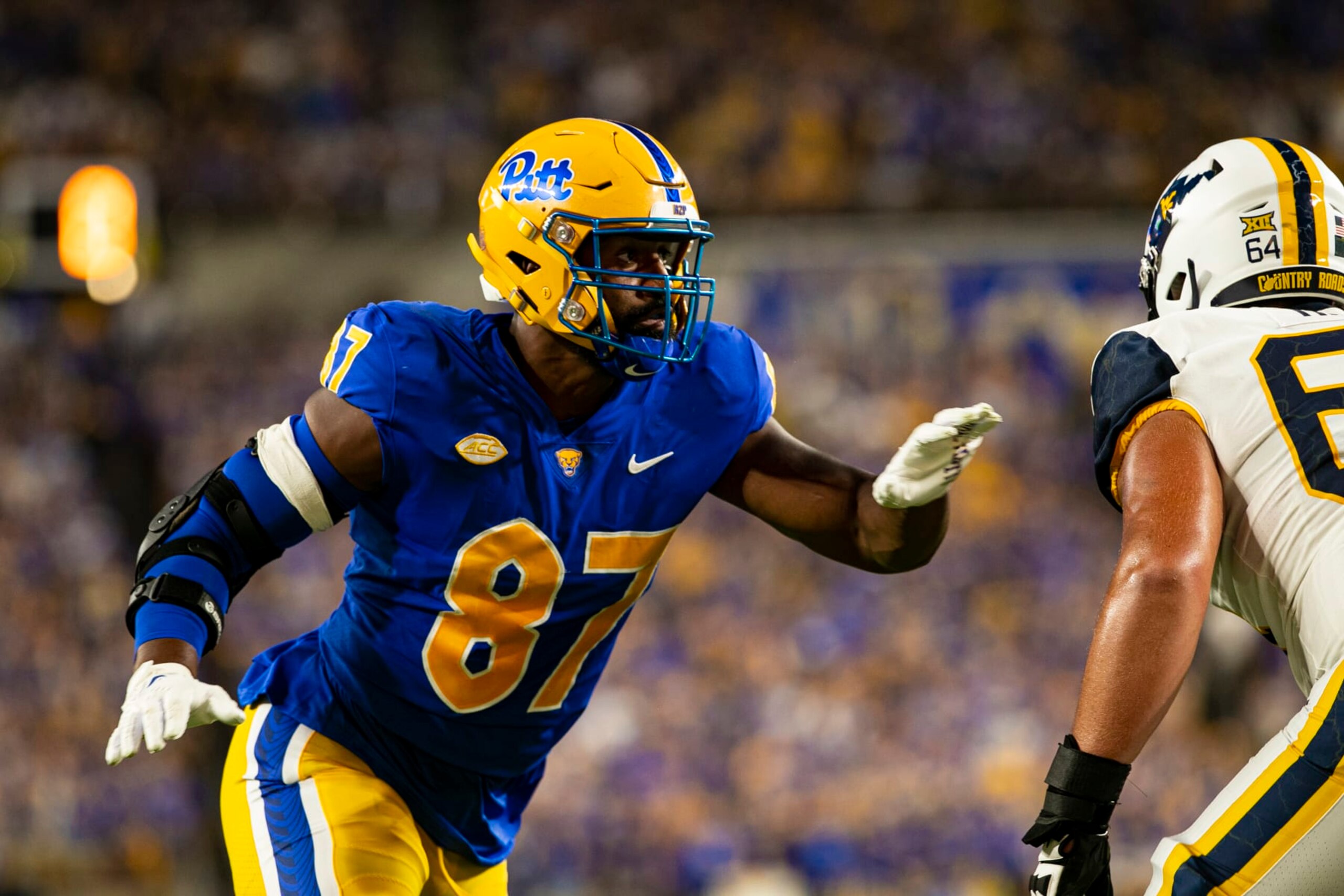 PITTSBURGH, PA - SEPTEMBER 01: Pittsburgh Panthers defensive lineman Habakkuk Baldonado (87) rushes the passer during the college football game between the West Virginia Mountaineers and the Pittsburgh Panthers on September 01, 2022 at Acrisure Stadium in Pittsburgh, PA. (Photo by Mark Alberti/Icon Sportswire via Getty Images)