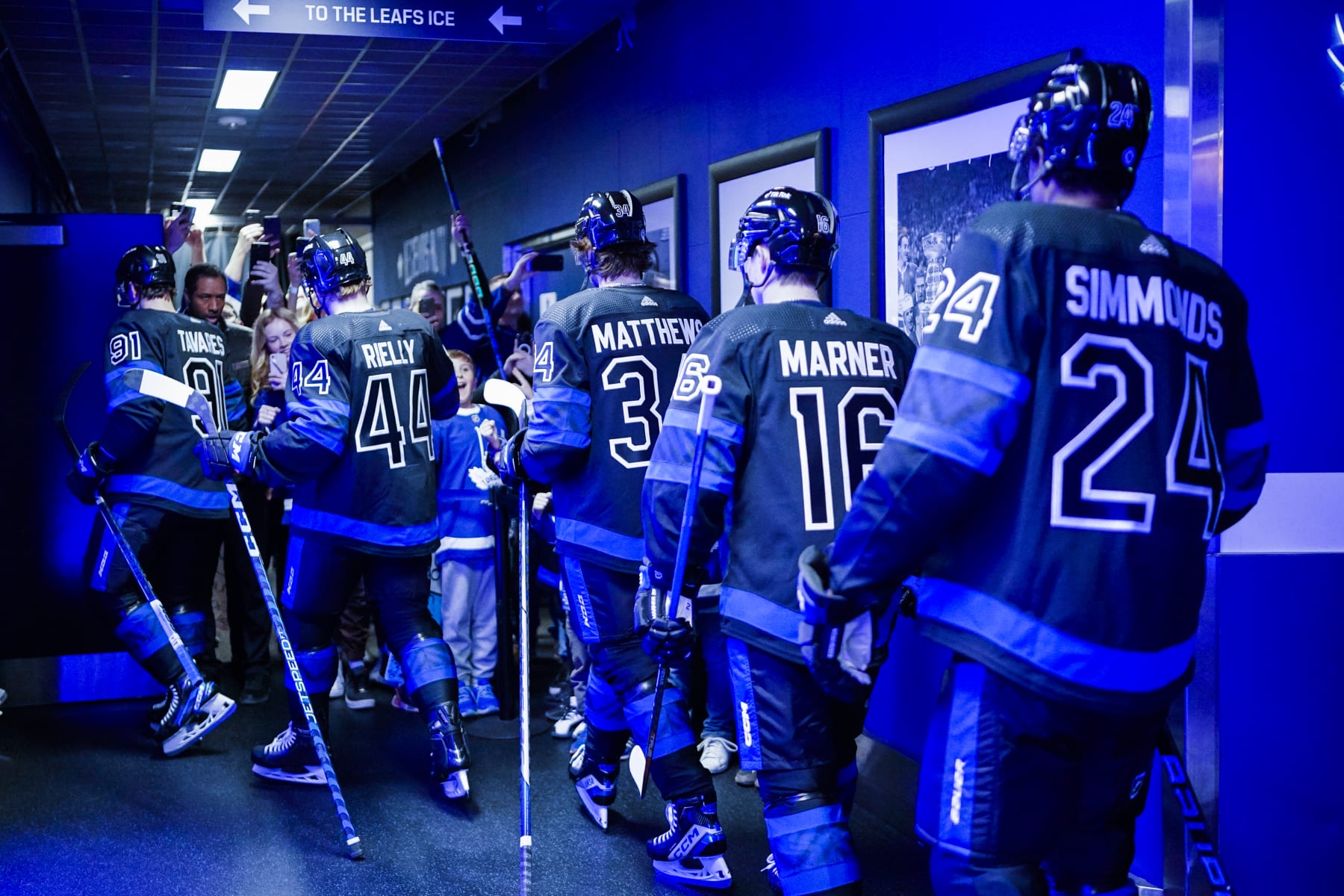TORONTO, ON - MARCH 29: John Tavares #91, Morgan Rielly #44, Auston Matthews #34, Mitchell Marner #16 and Wayne Simmonds #24 walk to the ice before facing the Florida Panthers at the Scotiabank Arena on March 29, 2023 in Toronto, Ontario, Canada. (Photo by Andrew Lahodynskyj/NHLI via Getty Images)