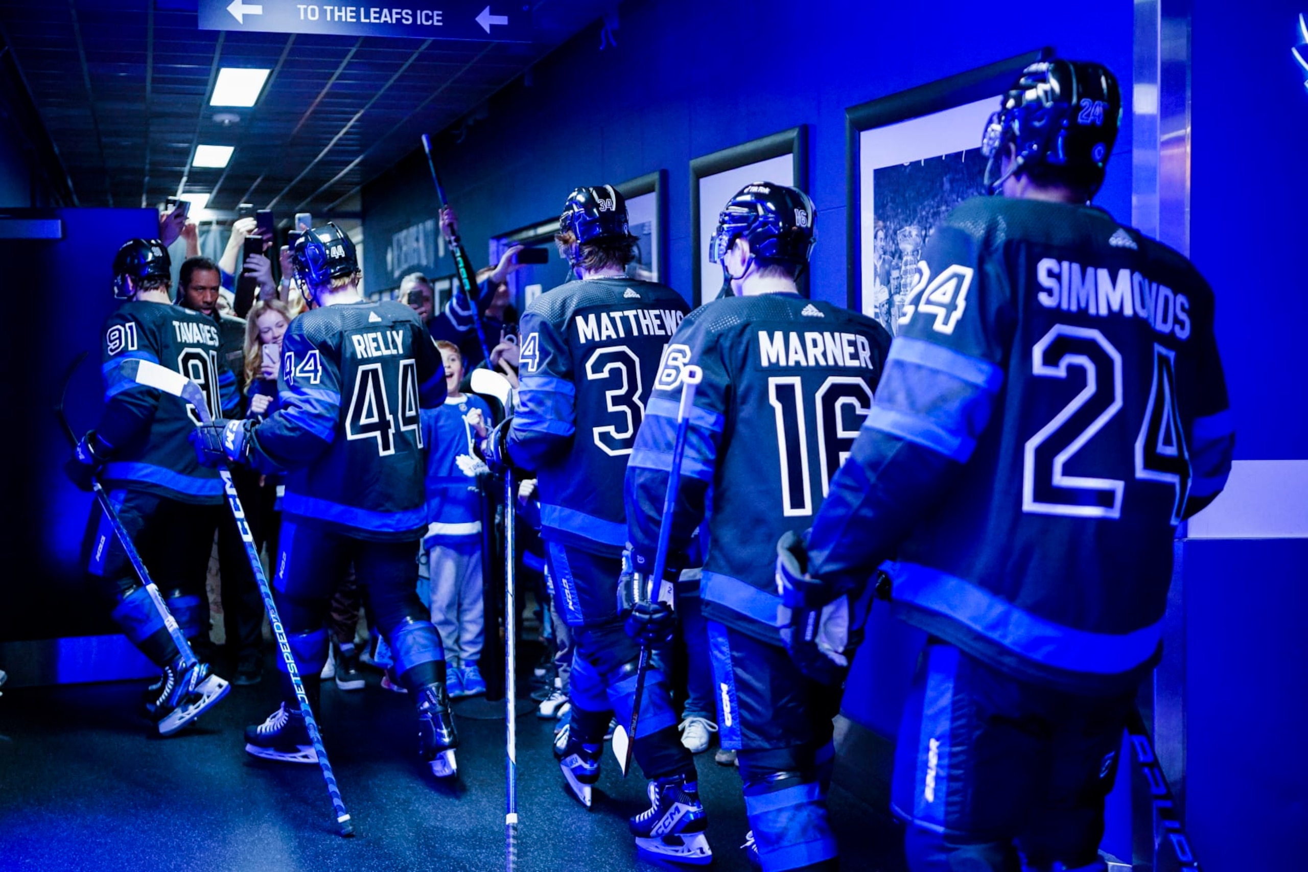 TORONTO, ON - MARCH 29: John Tavares #91, Morgan Rielly #44, Auston Matthews #34, Mitchell Marner #16 and Wayne Simmonds #24 walk to the ice before facing the Florida Panthers at the Scotiabank Arena on March 29, 2023 in Toronto, Ontario, Canada. (Photo by Andrew Lahodynskyj/NHLI via Getty Images)