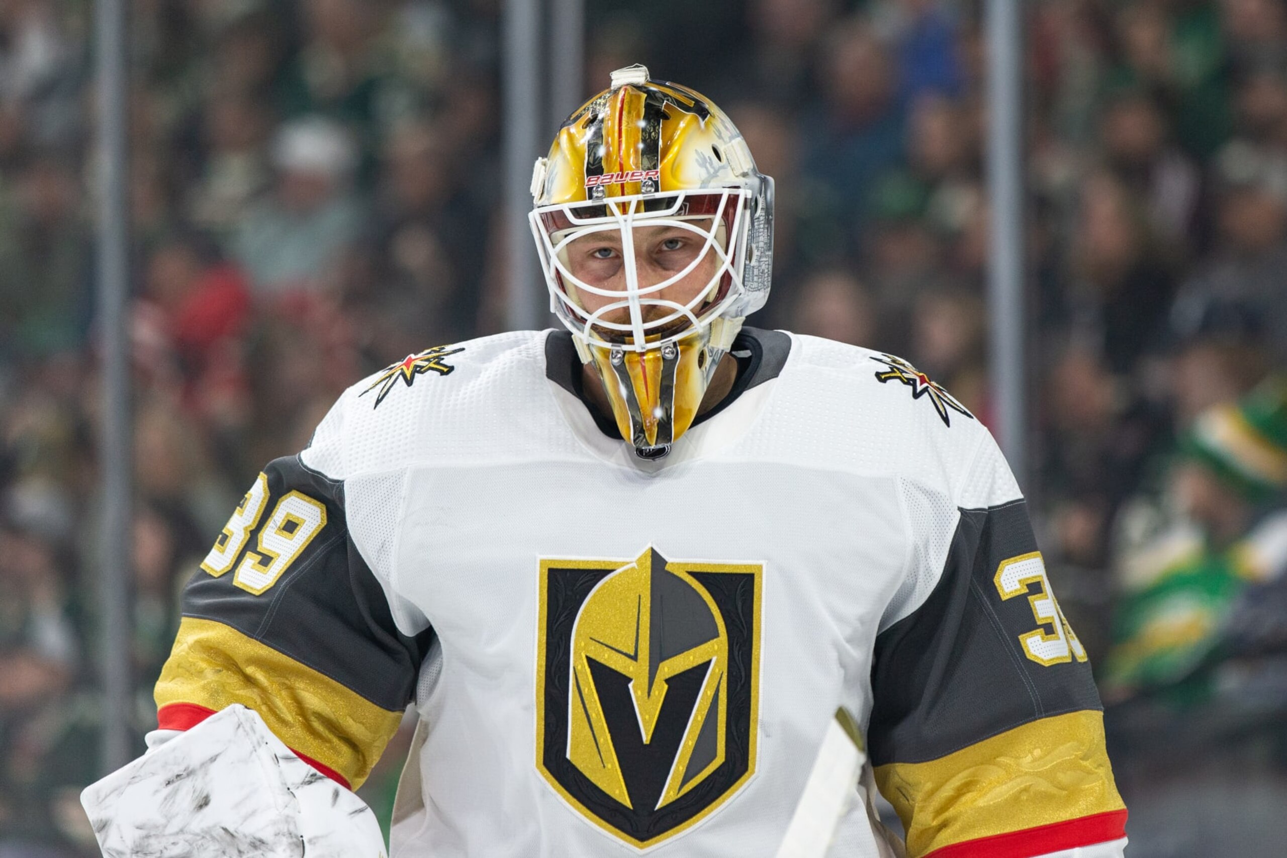 SAINT PAUL, MN - APRIL 03: Vegas Golden Knights goaltender Laurent Brossoit (39) looks on during the NHL game between the Vegas Golden Knights and Minnesota Wild, on April 3rd, 2023, at the Xcel Energy Center in Saint Paul, MN. (Photo by Bailey Hillesheim/Icon Sportswire via Getty Images)