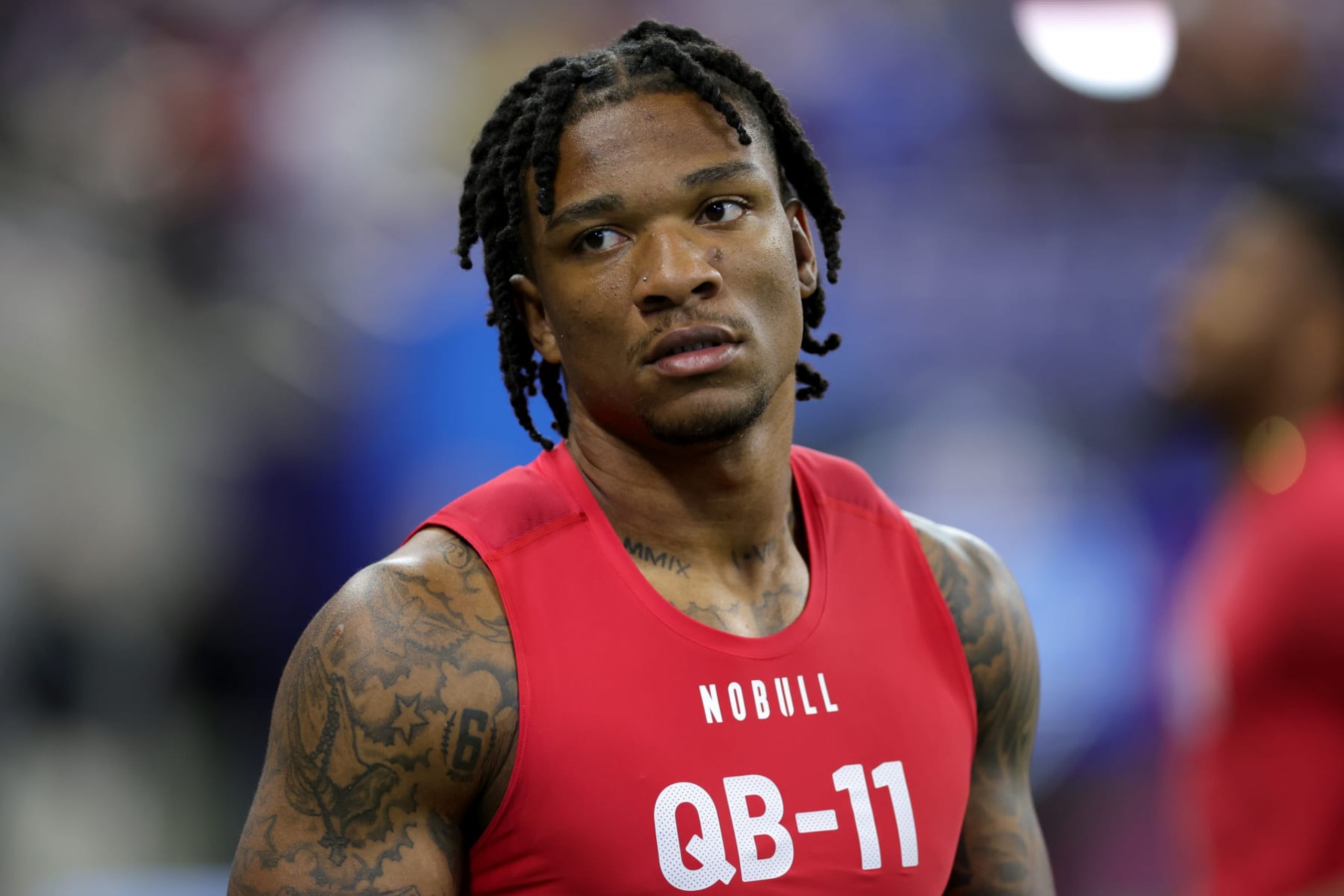 INDIANAPOLIS, INDIANA - MARCH 04: Quarterback Anthony Richardson of Florida looks on during the NFL Combine at Lucas Oil Stadium on March 04, 2023 in Indianapolis, Indiana. (Photo by Stacy Revere/Getty Images)