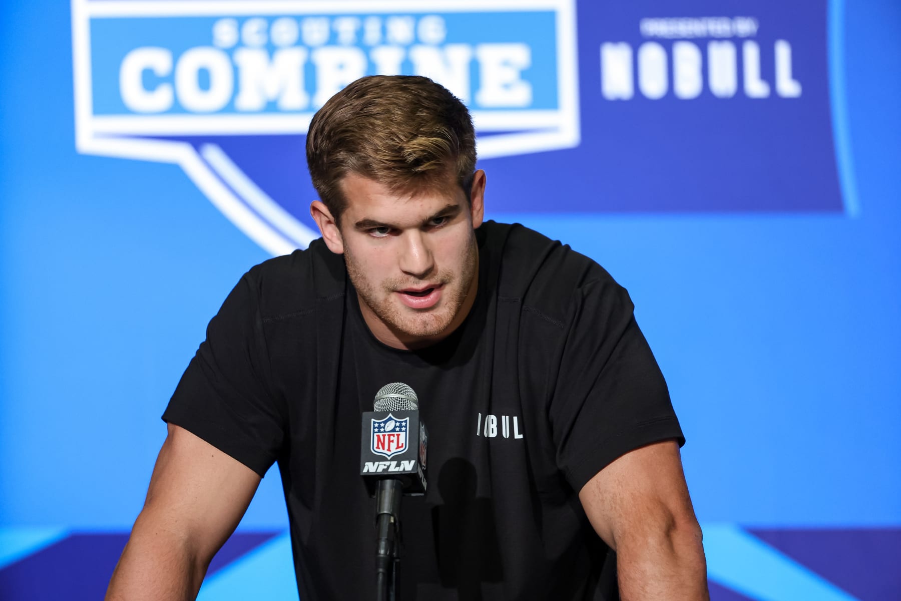 INDIANAPOLIS, IN - MARCH 03: Tight end Michael Mayer of Notre Dame speaks to the media during the NFL Combine at Lucas Oil Stadium on March 3, 2023 in Indianapolis, Indiana. (Photo by Michael Hickey/Getty Images)