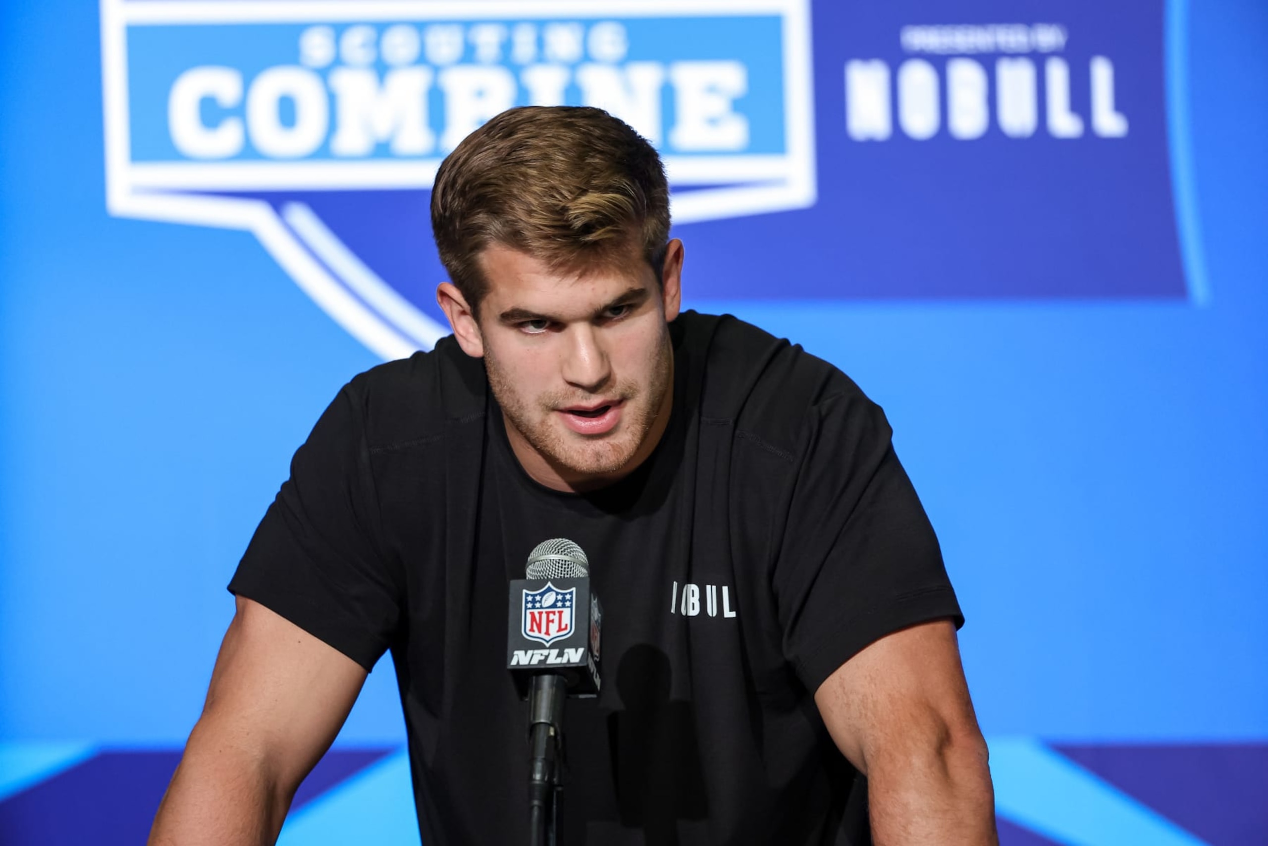 INDIANAPOLIS, IN - MARCH 03: Tight end Michael Mayer of Notre Dame speaks to the media during the NFL Combine at Lucas Oil Stadium on March 3, 2023 in Indianapolis, Indiana. (Photo by Michael Hickey/Getty Images)