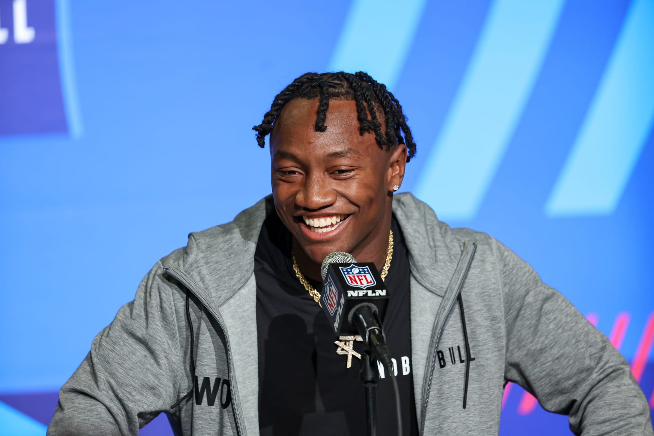 INDIANAPOLIS, IN - MARCH 03: Wide out Zay Flowers of Boston College speaks to the media during the NFL Combine at Lucas Oil Stadium on March 3, 2023 in Indianapolis, Indiana. (Photo by Michael Hickey/Getty Images)