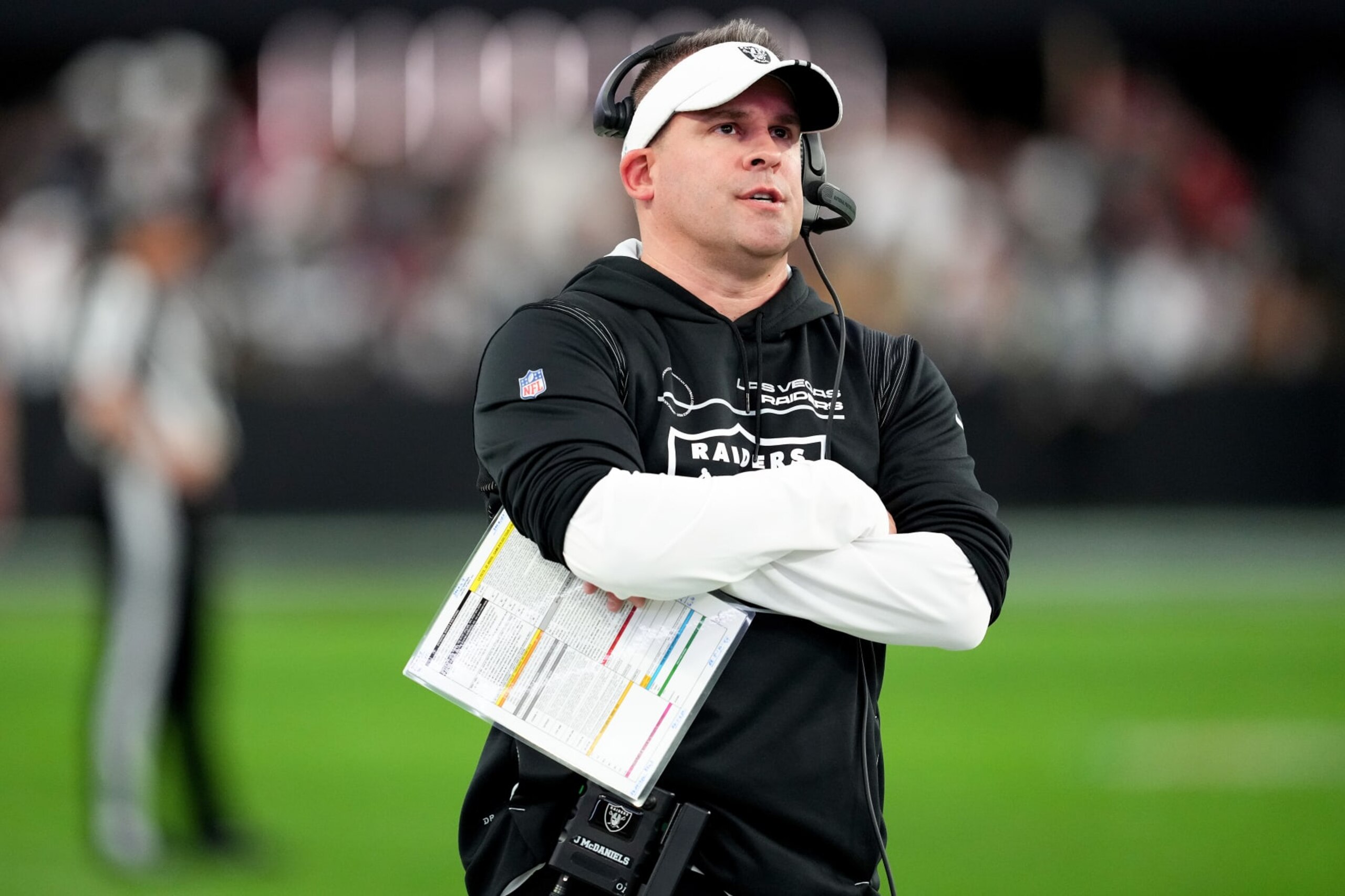 LAS VEGAS, NEVADA - JANUARY 01: Head coach Josh McDaniels of the Las Vegas Raiders looks on against the San Francisco 49ers during the second quarter at Allegiant Stadium on January 01, 2023 in Las Vegas, Nevada. (Photo by Chris Unger/Getty Images)