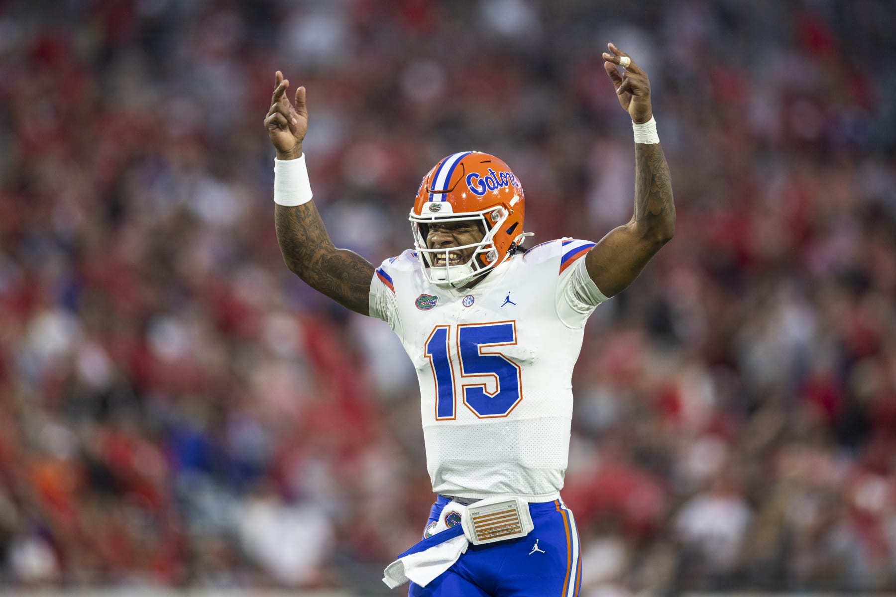 JACKSONVILLE, FLORIDA - OCTOBER 29: Anthony Richardson #15 of the Florida Gators celebrates after scoring a touchdown during the second half of a game against the Georgia Bulldogs at TIAA Bank Field on October 29, 2022 in Jacksonville, Florida. (Photo by James Gilbert/Getty Images)