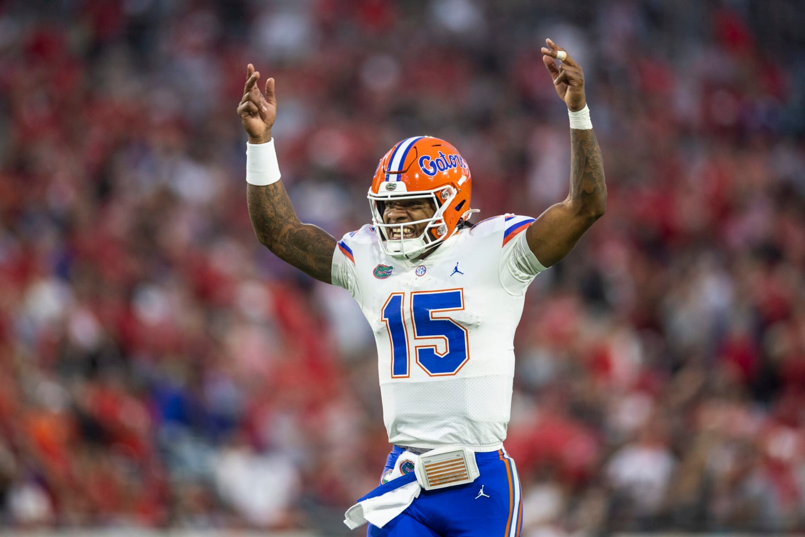 JACKSONVILLE, FLORIDA - OCTOBER 29: Anthony Richardson #15 of the Florida Gators celebrates after scoring a touchdown during the second half of a game against the Georgia Bulldogs at TIAA Bank Field on October 29, 2022 in Jacksonville, Florida. (Photo by James Gilbert/Getty Images)