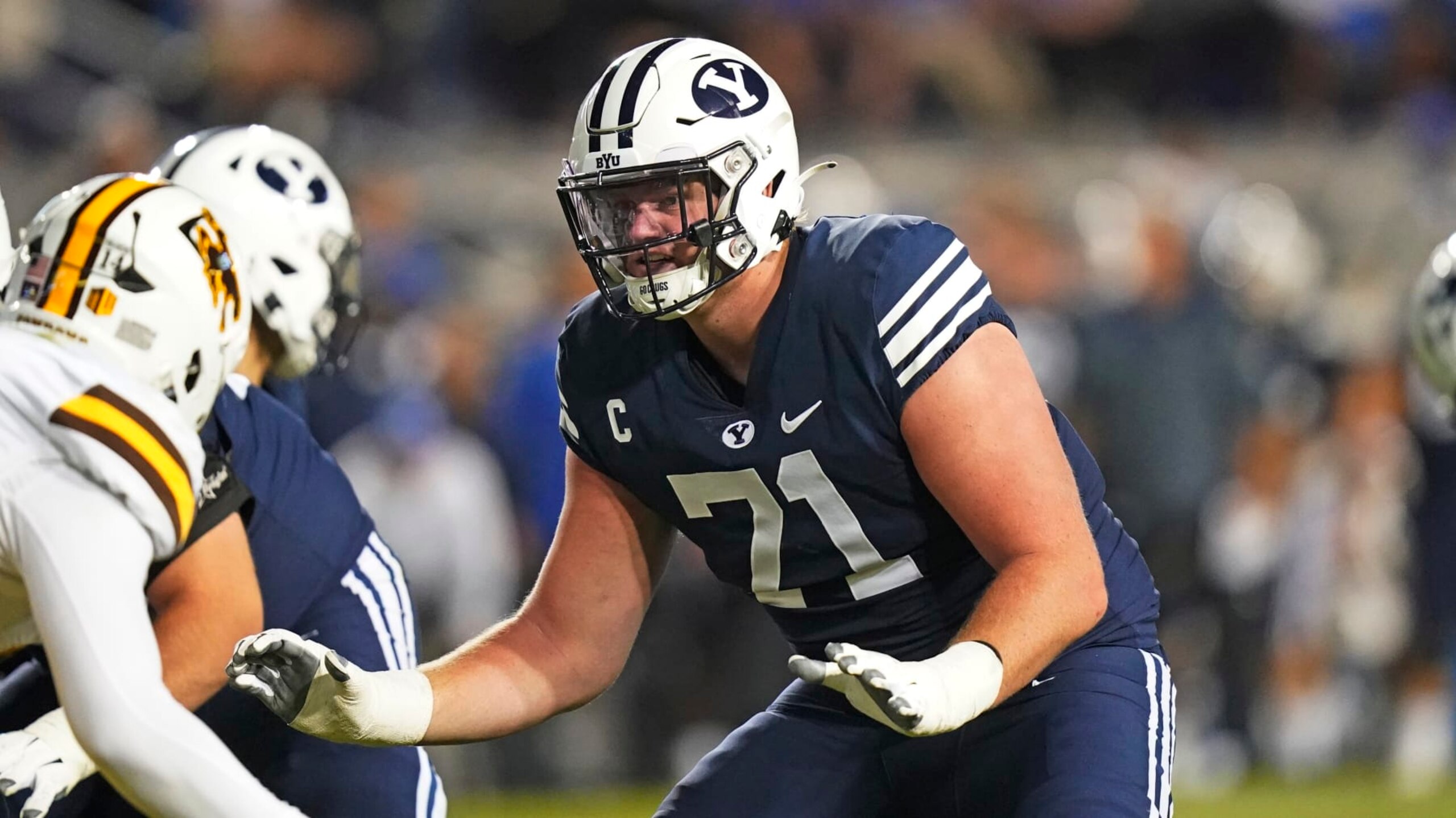 BYU offensive lineman Blake Freeland (71) blocks during the second half of an NCAA college football game against Wyoming Saturday, Sept. 24, 2022, in Provo, Utah. (AP Photo/Rick Bowmer)