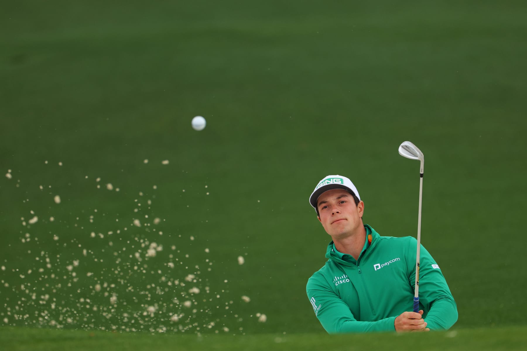 AUGUSTA, GEORGIA - APRIL 03: Viktor Hovland of Norway plays a shot from a bunker on the second hole during a practice round prior to the 2023 Masters Tournament at Augusta National Golf Club on April 03, 2023 in Augusta, Georgia. (Photo by Andrew Redington/Getty Images)