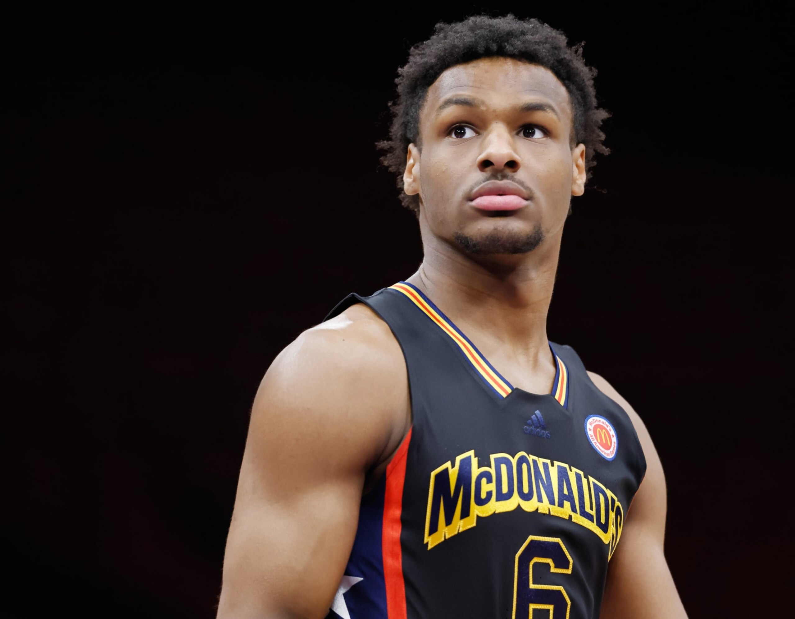 HOUSTON, TX - MARCH 28: Bronny James #6 of McDonald's All American Boys West is seen before the McDonalds All American Basketball Games at Toyota Center on March 28, 2023 in Houston, Texas. (Photo by Michael Hickey/Getty Images) HOUSTON, TX - MARCH 28: Bronny James #6 of McDonald's All American Boys West is seen before the McDonalds All American Basketball Games at Toyota Center on March 28, 2023 in Houston, Texas. (Photo by Michael Hickey/Getty Images)
