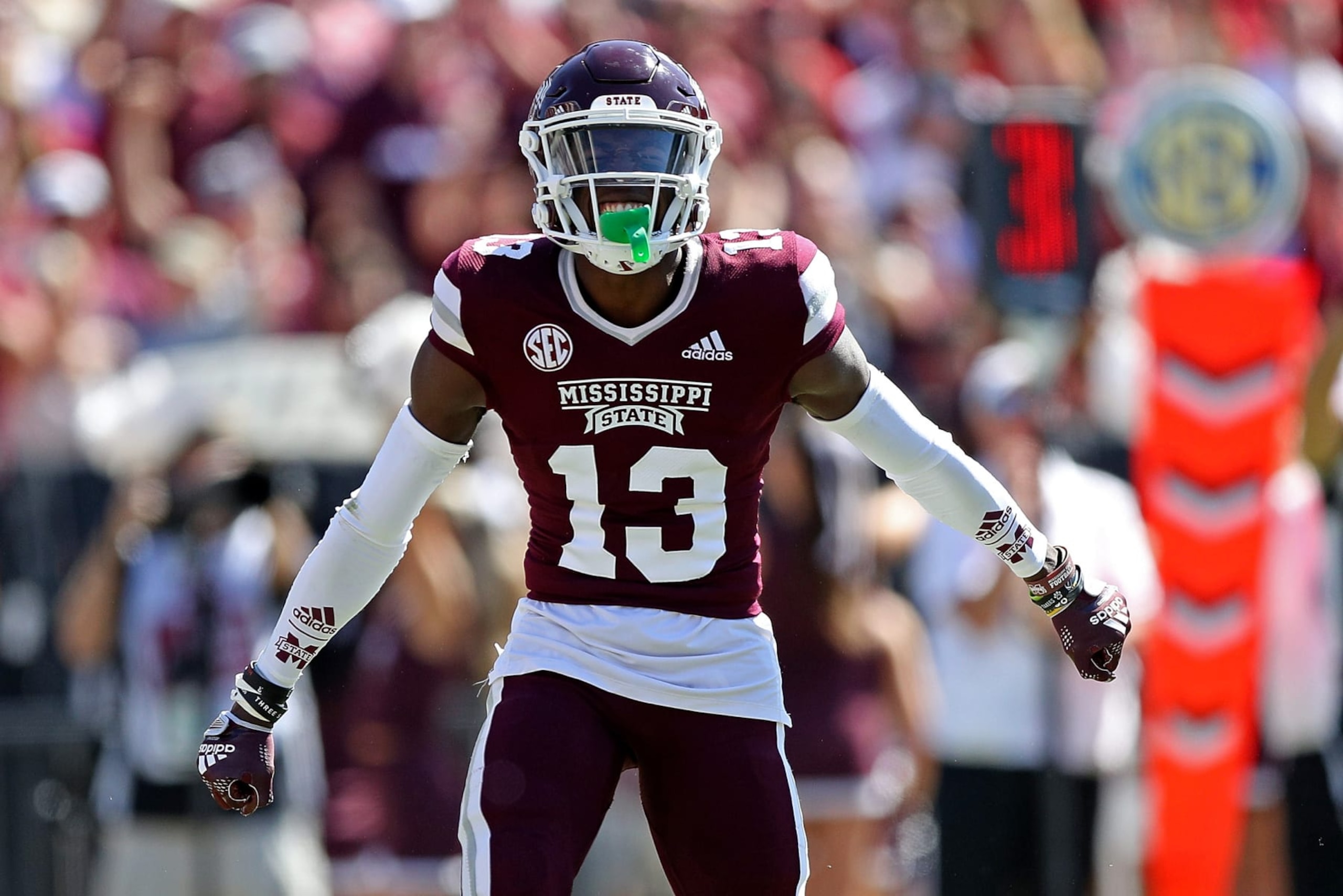 STARKVILLE, MISSISSIPPI - OCTOBER 08: Emmanuel Forbes #13 of the Mississippi State Bulldogs reacts during the game against the Arkansas Razorbacks at Davis Wade Stadium on October 08, 2022 in Starkville, Mississippi. (Photo by Justin Ford/Getty Images)