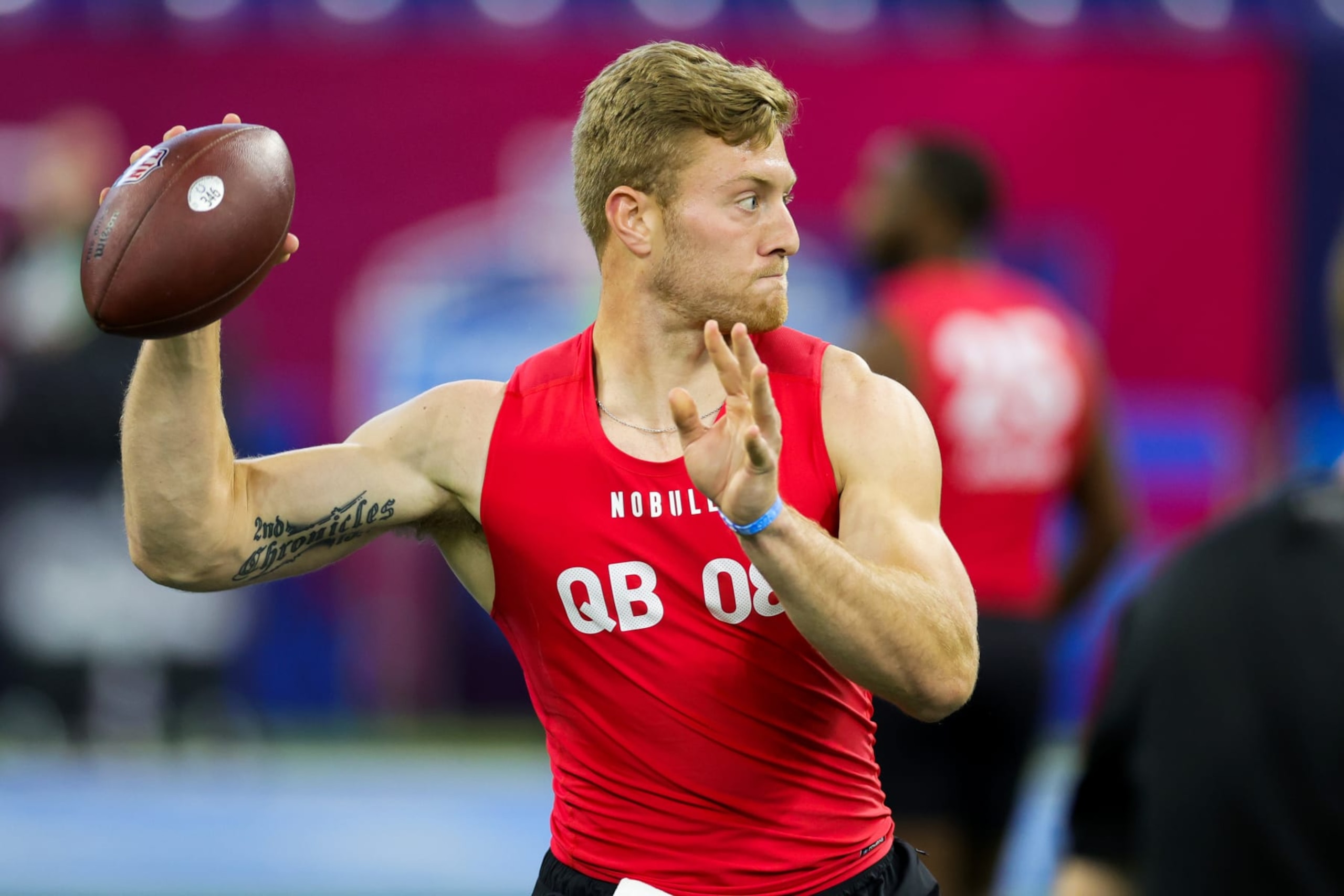 INDIANAPOLIS, INDIANA - MARCH 04: Quarterback Will Levis of Kentucky participates in a drill during the NFL Combine at Lucas Oil Stadium on March 04, 2023 in Indianapolis, Indiana. (Photo by Stacy Revere/Getty Images)