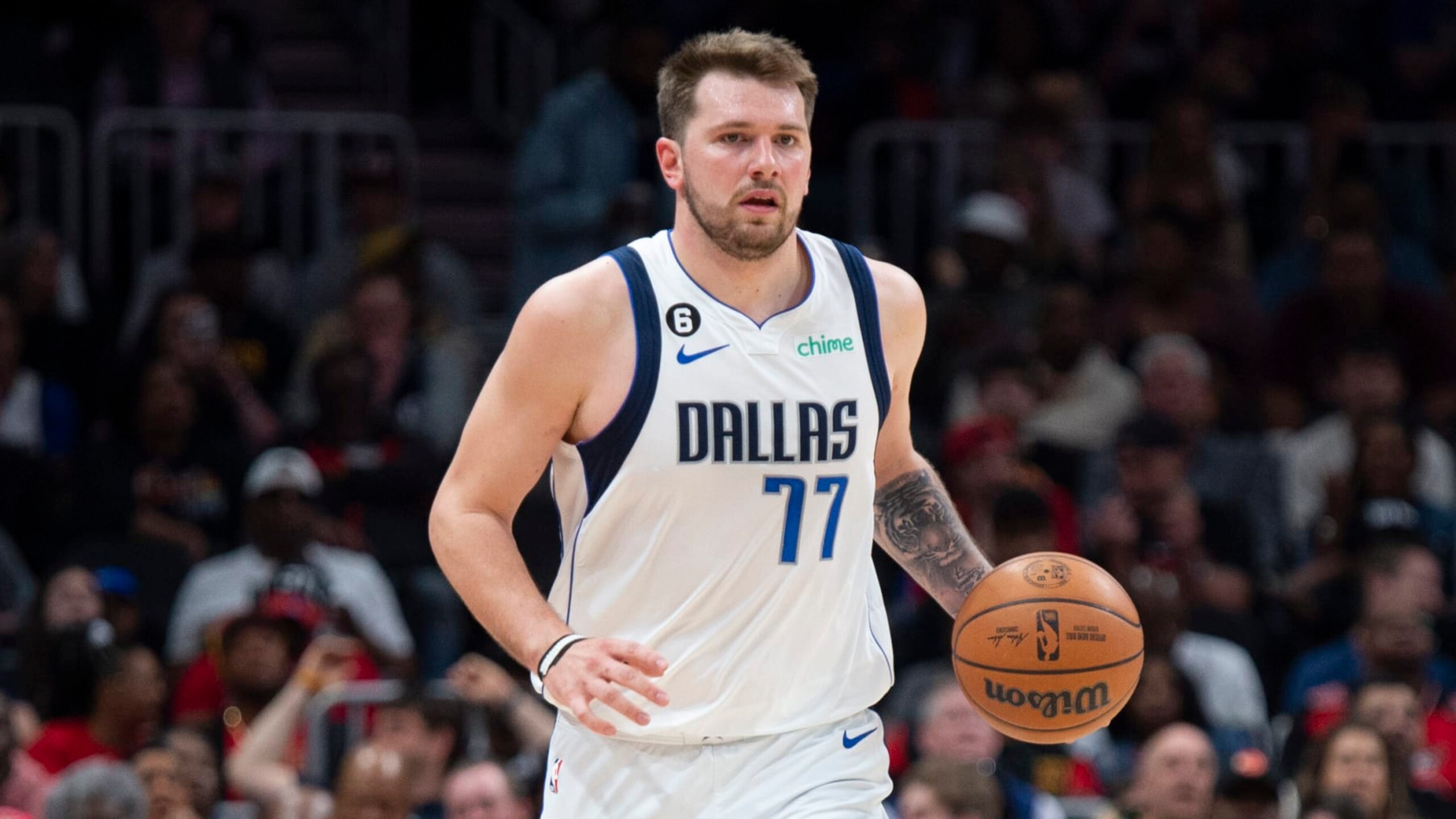 Dallas Mavericks guard Luka Doncic dribbles up court during the second half of an NBA basketball game against the Sunday, April 2, 2023, in Atlanta. (AP Photo/Hakim Wright Sr.) Dallas Mavericks guard Luka Doncic dribbles up court during the second half of an NBA basketball game against the Sunday, April 2, 2023, in Atlanta. (AP Photo/Hakim Wright Sr.)