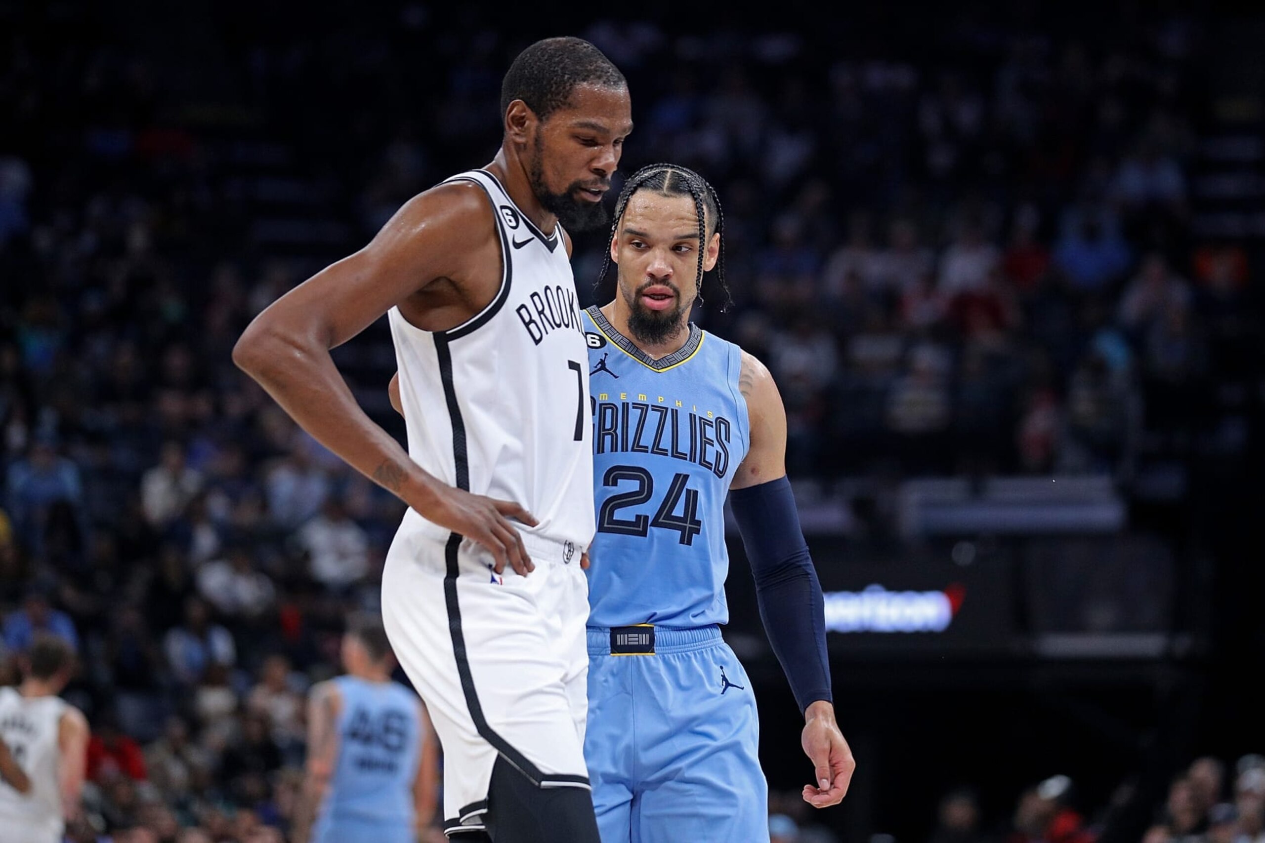 MEMPHIS, TENNESSEE - OCTOBER 24: Kevin Durant #7 of the Brooklyn Nets and Dillon Brooks #24 of the Memphis Grizzlies during the game at FedExForum on October 24, 2022 in Memphis, Tennessee. NOTE TO USER: User expressly acknowledges and agrees that, by downloading and or using this photograph, User is consenting to the terms and conditions of the Getty Images License Agreement. (Photo by Justin Ford/Getty Images) MEMPHIS, TENNESSEE - OCTOBER 24: Kevin Durant #7 of the Brooklyn Nets and Dillon Brooks #24 of the Memphis Grizzlies during the game at FedExForum on October 24, 2022 in Memphis, Tennessee. NOTE TO USER: User expressly acknowledges and agrees that, by downloading and or using this photograph, User is consenting to the terms and conditions of the Getty Images License Agreement. (Photo by Justin Ford/Getty Images)