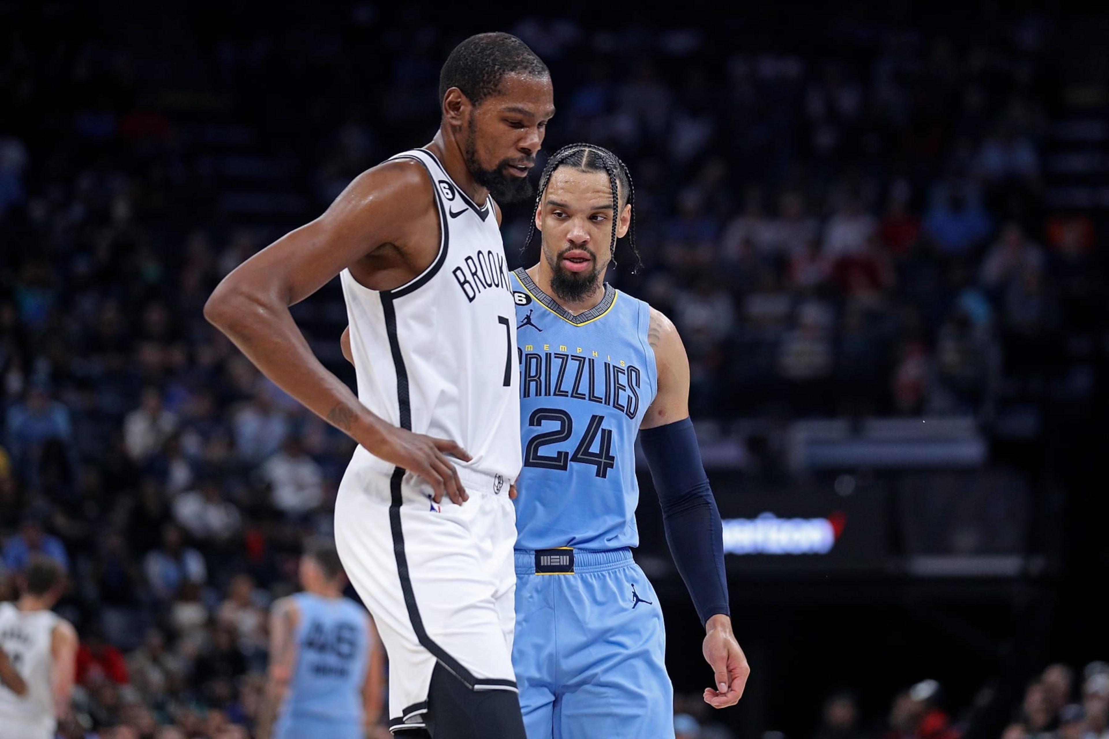 MEMPHIS, TENNESSEE - OCTOBER 24: Kevin Durant #7 of the Brooklyn Nets and Dillon Brooks #24 of the Memphis Grizzlies during the game at FedExForum on October 24, 2022 in Memphis, Tennessee. NOTE TO USER: User expressly acknowledges and agrees that, by downloading and or using this photograph, User is consenting to the terms and conditions of the Getty Images License Agreement. (Photo by Justin Ford/Getty Images) MEMPHIS, TENNESSEE - OCTOBER 24: Kevin Durant #7 of the Brooklyn Nets and Dillon Brooks #24 of the Memphis Grizzlies during the game at FedExForum on October 24, 2022 in Memphis, Tennessee. NOTE TO USER: User expressly acknowledges and agrees that, by downloading and or using this photograph, User is consenting to the terms and conditions of the Getty Images License Agreement. (Photo by Justin Ford/Getty Images)