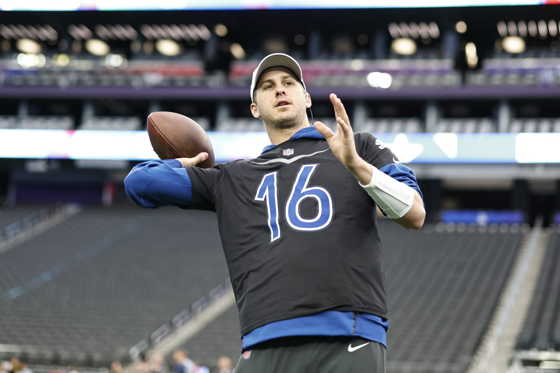 LAS VEGAS, NEVADA - FEBRUARY 04: NFC quarterback Jared Goff #16 of the Detroit Lions passes during a practice session prior to an NFL Pro Bowl football game at Allegiant Stadium on February 04, 2023 in Las Vegas, Nevada. (Photo by Michael Owens/Getty Images)