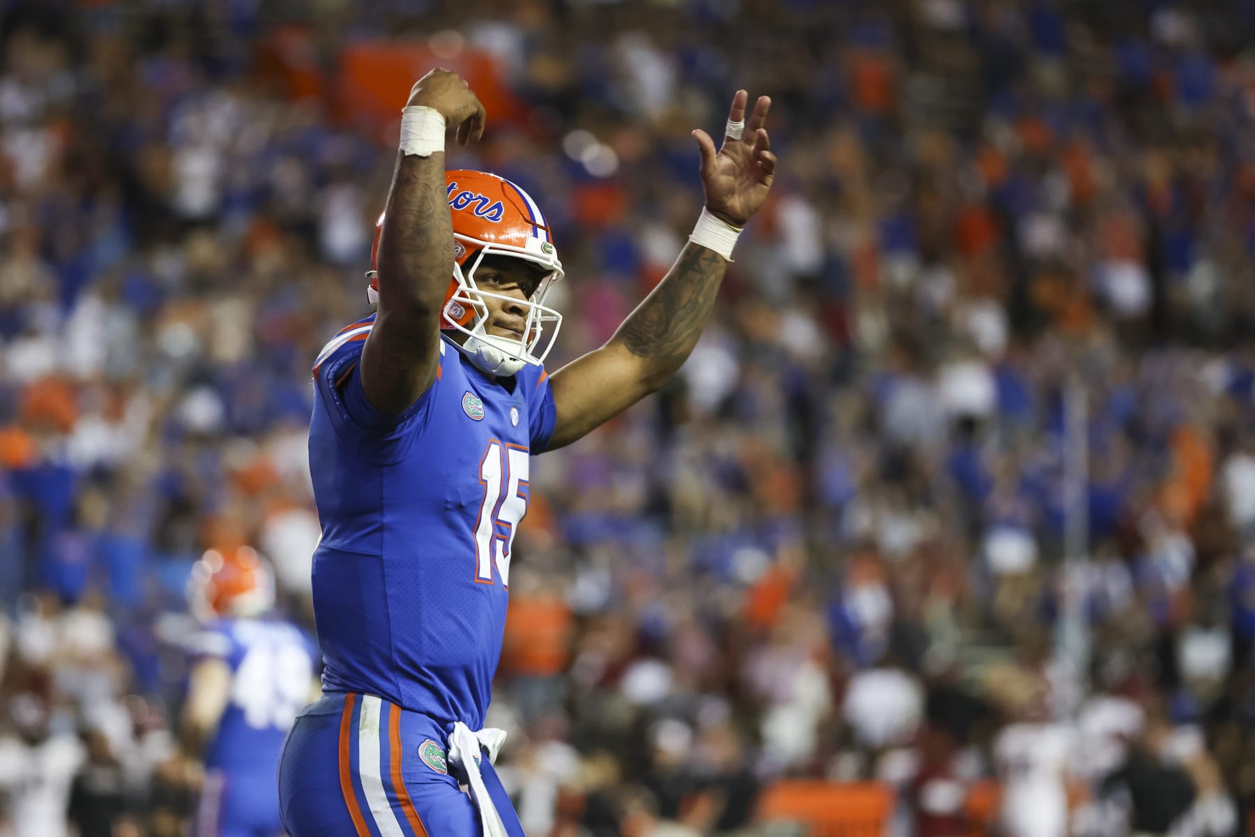 GAINESVILLE, FLORIDA - NOVEMBER 12: Anthony Richardson #15 of the Florida Gators celebrates after scoring a touchdown during the second half of a game against the South Carolina Gamecocks at Ben Hill Griffin Stadium on November 12, 2022 in Gainesville, Florida. (Photo by James Gilbert/Getty Images)