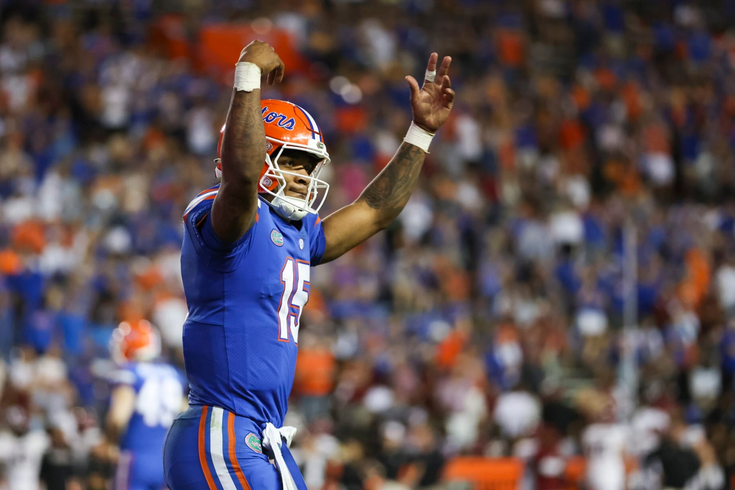 GAINESVILLE, FLORIDA - NOVEMBER 12: Anthony Richardson #15 of the Florida Gators celebrates after scoring a touchdown during the second half of a game against the South Carolina Gamecocks at Ben Hill Griffin Stadium on November 12, 2022 in Gainesville, Florida. (Photo by James Gilbert/Getty Images)