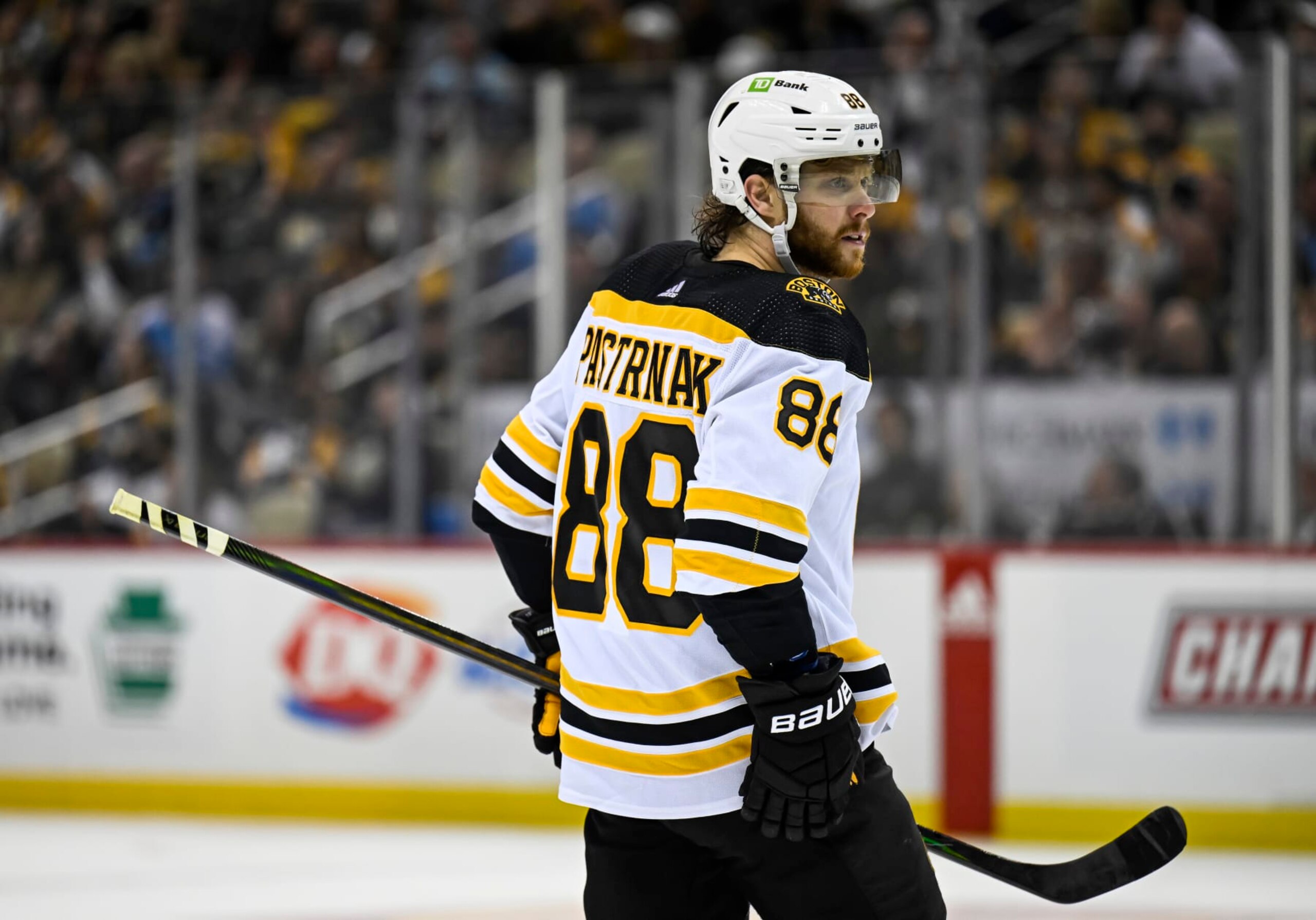 PITTSBURGH, PA - APRIL 01: Boston Bruins Right Wing David Pastrnak (88) looks on during the third period in the NHL game between the Pittsburgh Penguins and the Boston Bruins on April 1, 2023, at PPG Paints Arena in Pittsburgh, PA. (Photo by Jeanine Leech/Icon Sportswire via Getty Images)