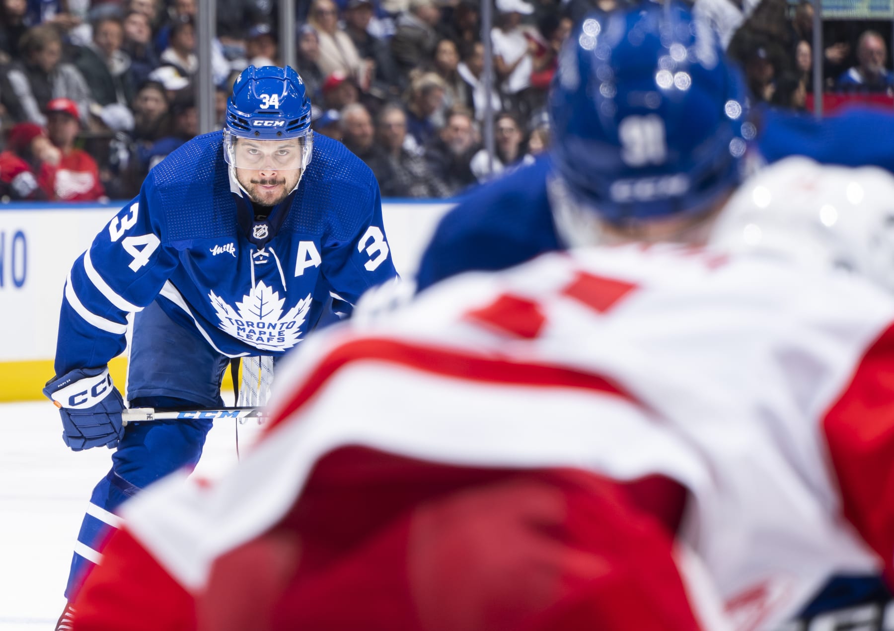 TORONTO, ON - APRIL 2: Auston Matthews #34 of the Toronto Maple Leafs looks on against the Detroit Red Wings during the third period at the Scotiabank Arena on April 2, 2023 in Toronto, Ontario, Canada. (Photo by Mark Blinch/NHLI via Getty Images)