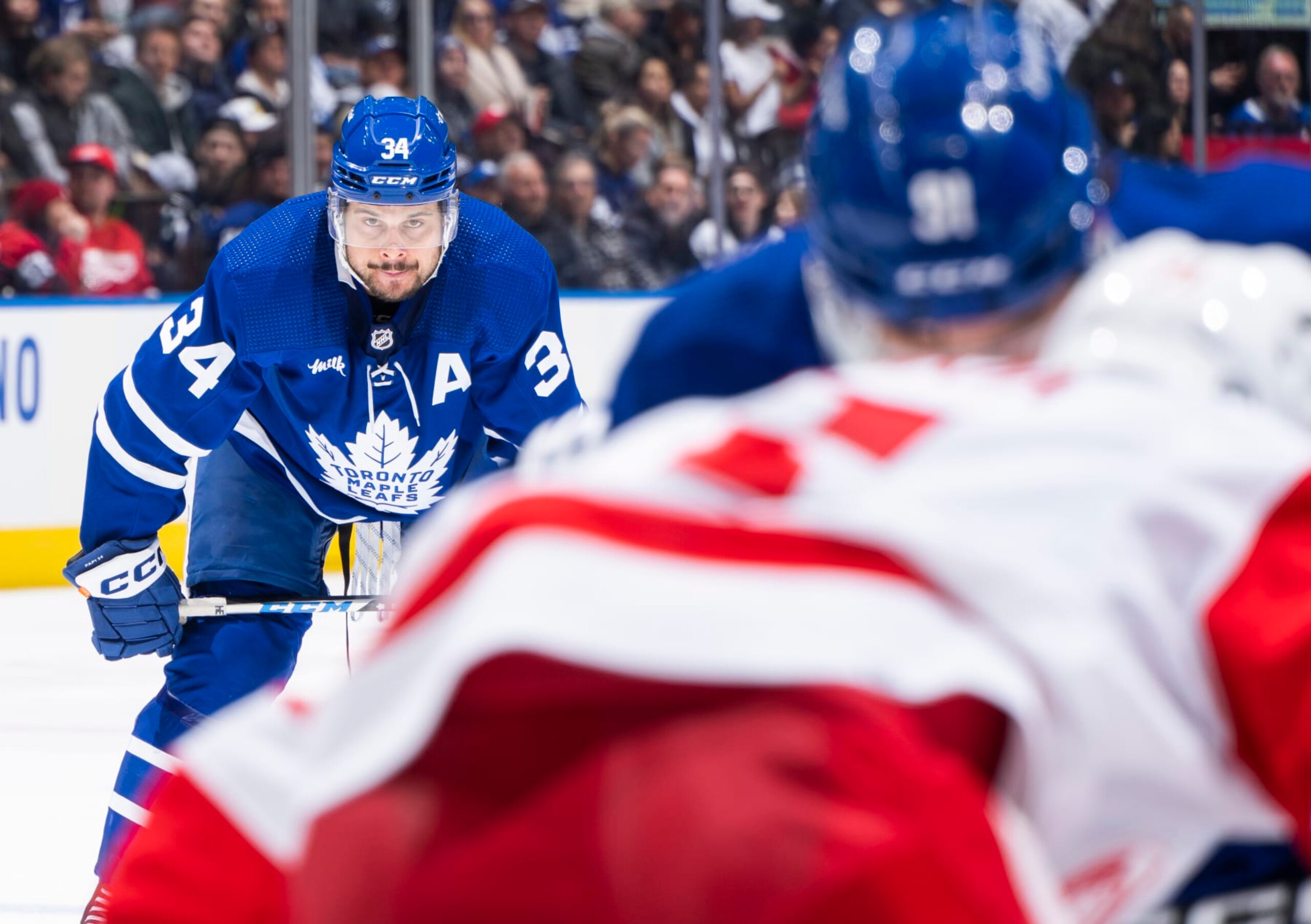 TORONTO, ON - APRIL 2: Auston Matthews #34 of the Toronto Maple Leafs looks on against the Detroit Red Wings during the third period at the Scotiabank Arena on April 2, 2023 in Toronto, Ontario, Canada. (Photo by Mark Blinch/NHLI via Getty Images)