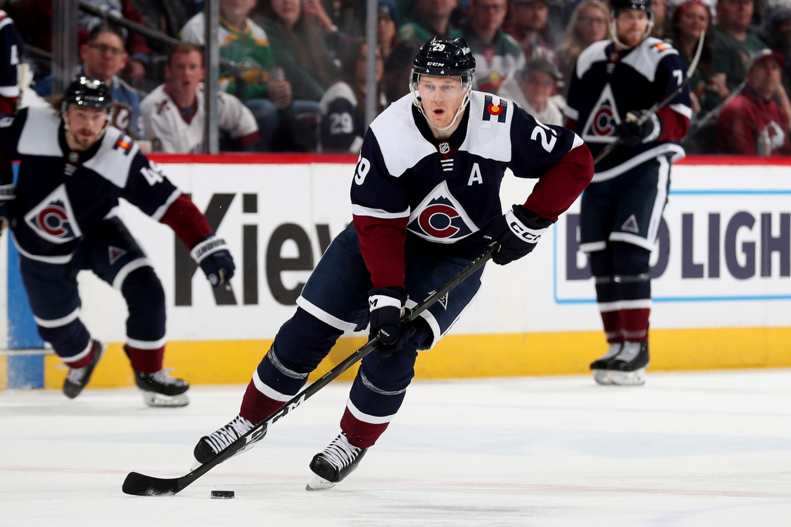 DENVER, COLORADO - MARCH 29: Nathan MacKinnon #29 of the Colorado Avalanche skates against the Minnesota Wild at Ball Arena on March 29, 2023 in Denver, Colorado. (Photo by Michael Martin/NHLI via Getty Images)