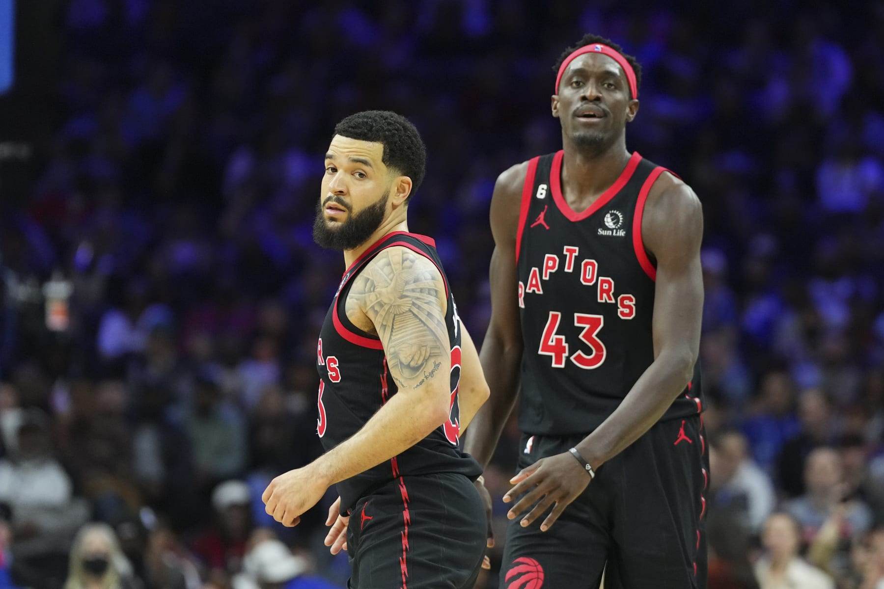 PHILADELPHIA, PA - MARCH 31: Fred VanVleet #23 and Pascal Siakam #43 of the Toronto Raptors look on against the Philadelphia 76ers at the Wells Fargo Center on March 31, 2023 in Philadelphia, Pennsylvania. The 76ers defeated the Raptors 117-110. NOTE TO USER: User expressly acknowledges and agrees that, by downloading and or using this photograph, User is consenting to the terms and conditions of the Getty Images License Agreement. (Photo by Mitchell Leff/Getty Images)