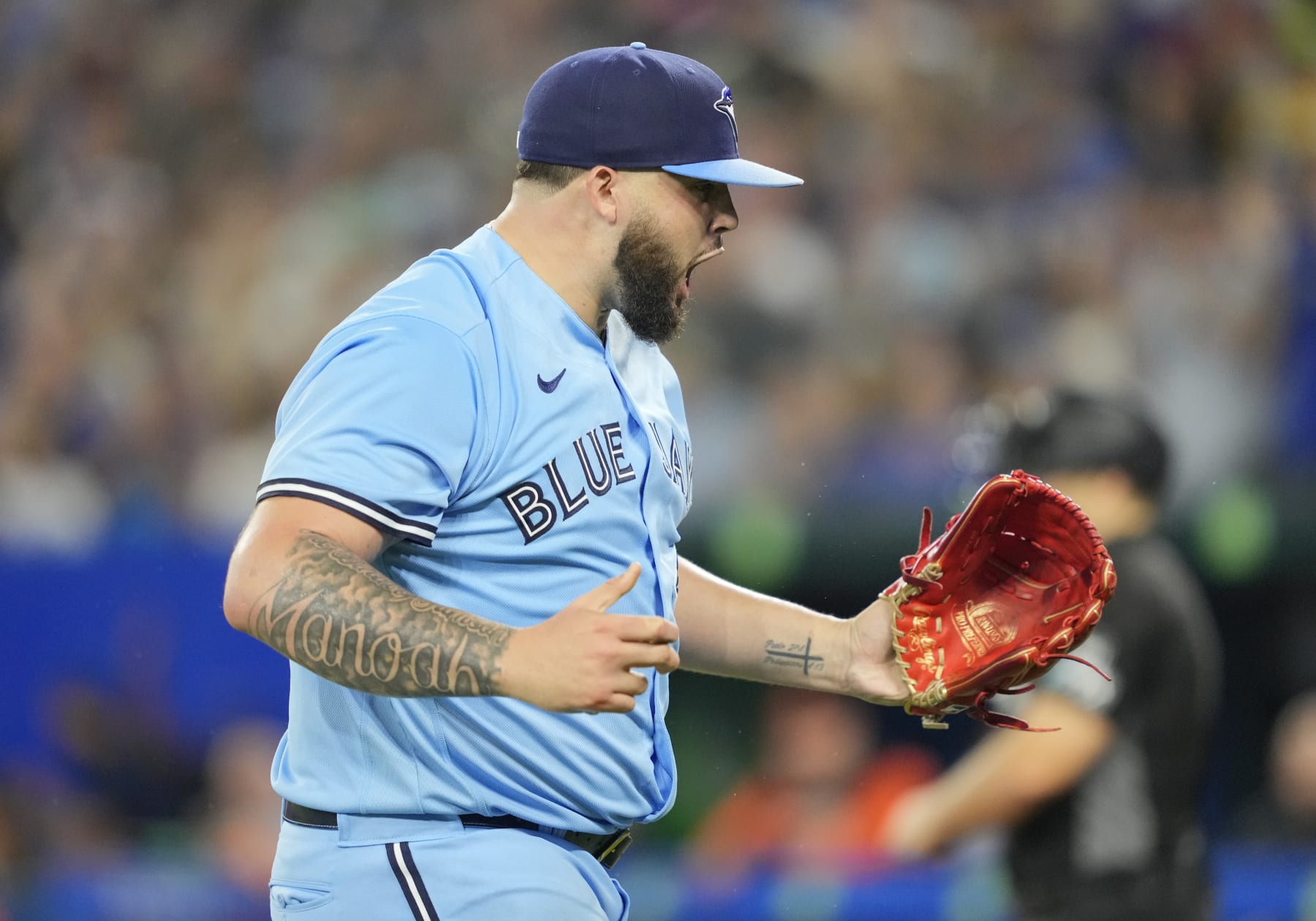 TORONTO, ON - SEPTEMBER 18: Alek Manoah #6 of the Toronto Blue Jays celebrates at the end of the third inning against the Baltimore Orioles during their MLB game at the Rogers Centre on September 18, 2022 in Toronto, Ontario, Canada. (Photo by Mark Blinch/Getty Images)