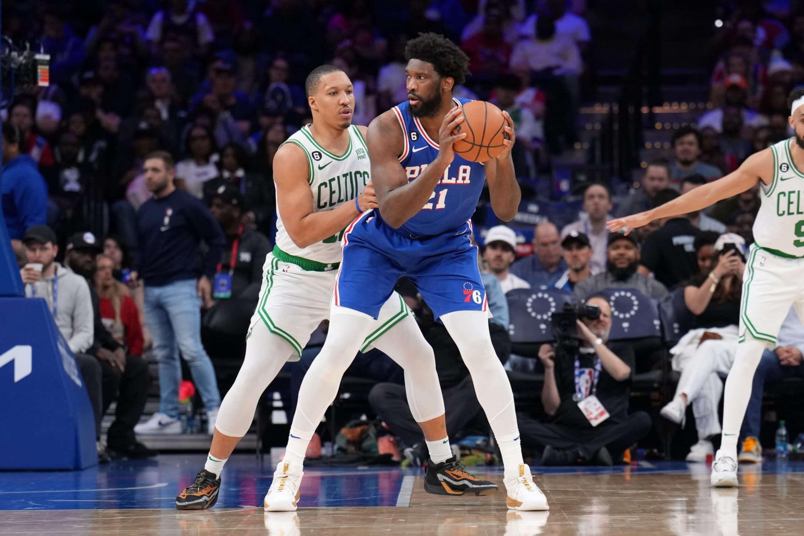 PHILADELPHIA, PA - APRIL 4: Joel Embiid #21 of the Philadelphia 76ers handles the ball during the game against the Boston Celtics on April 4, 2023 at the Wells Fargo Center in Philadelphia, Pennsylvania NOTE TO USER: User expressly acknowledges and agrees that, by downloading and/or using this Photograph, user is consenting to the terms and conditions of the Getty Images License Agreement. Mandatory Copyright Notice: Copyright 2023 NBAE (Photo by Jesse D. Garrabrant/NBAE via Getty Images)