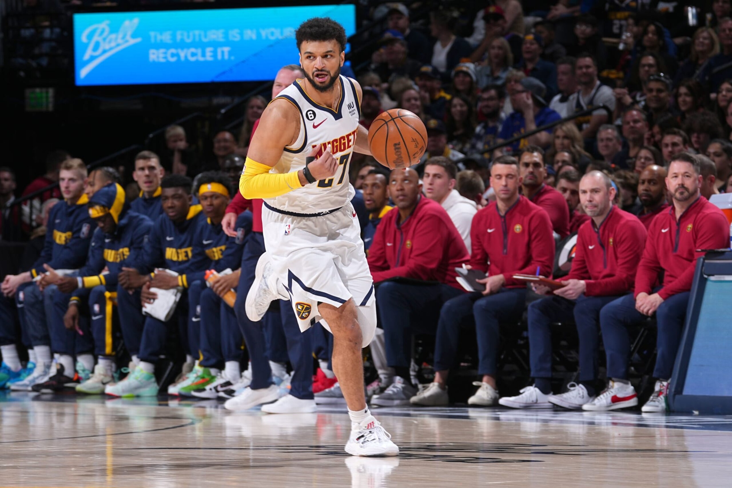 DENVER, CO - APRIL 2: Jamal Murray #27 of the Denver Nuggets moves the ball during the game against the Golden State Warriors on April 2, 2023 at the Ball Arena in Denver, Colorado. NOTE TO USER: User expressly acknowledges and agrees that, by downloading and/or using this Photograph, user is consenting to the terms and conditions of the Getty Images License Agreement. Mandatory Copyright Notice: Copyright 2023 NBAE (Photo by Bart Young/NBAE via Getty Images)