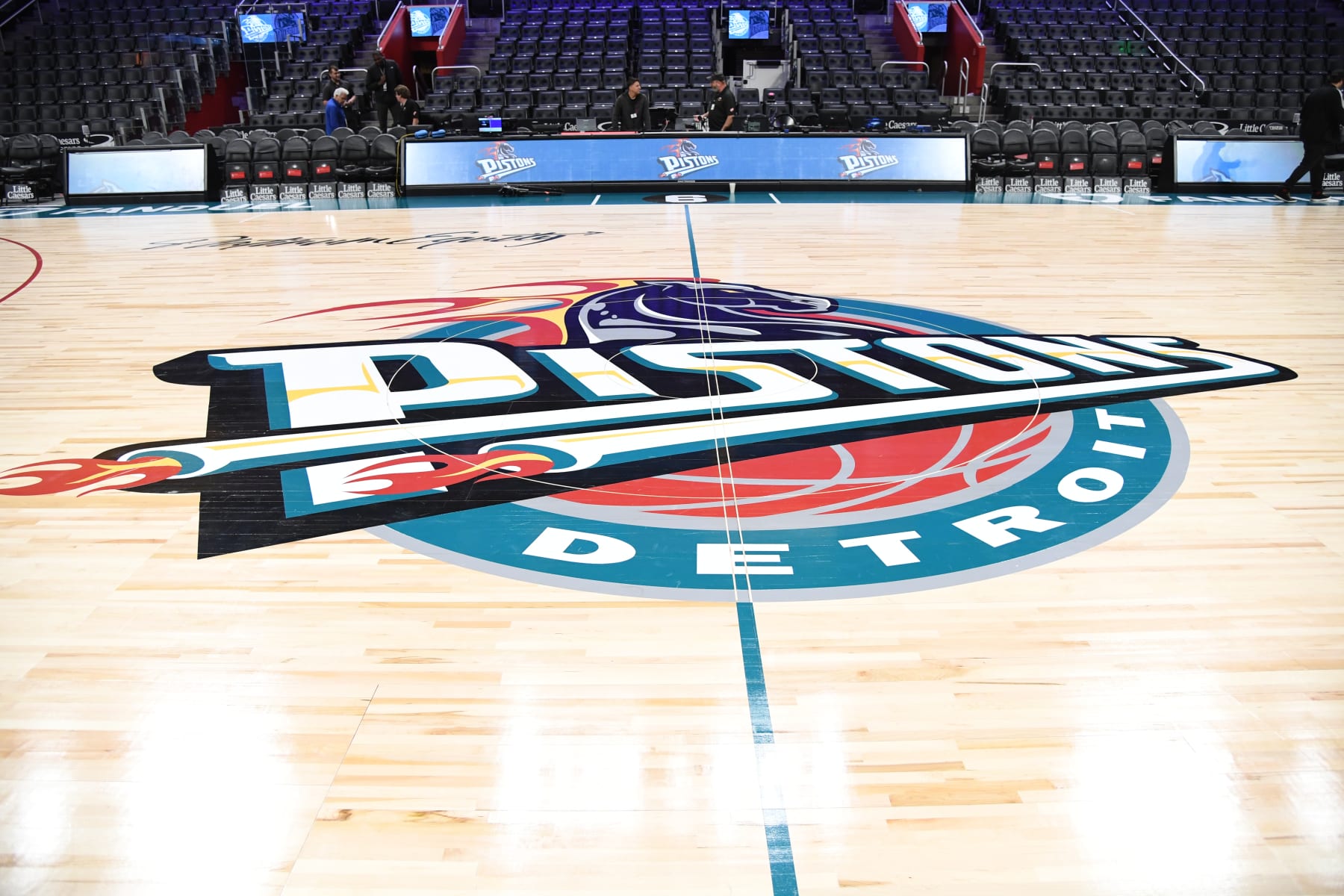 DETROIT, MI - OCTOBER 30: The Detroit Pistons logo before the game against the Golden State Warriors on October 30, 2022 at Little Caesars Arena in Detroit, Michigan. NOTE TO USER: User expressly acknowledges and agrees that, by downloading and/or using this photograph, User is consenting to the terms and conditions of the Getty Images License Agreement. Mandatory Copyright Notice: Copyright 2022 NBAE (Photo by Chris Schwegler/NBAE via Getty Images)