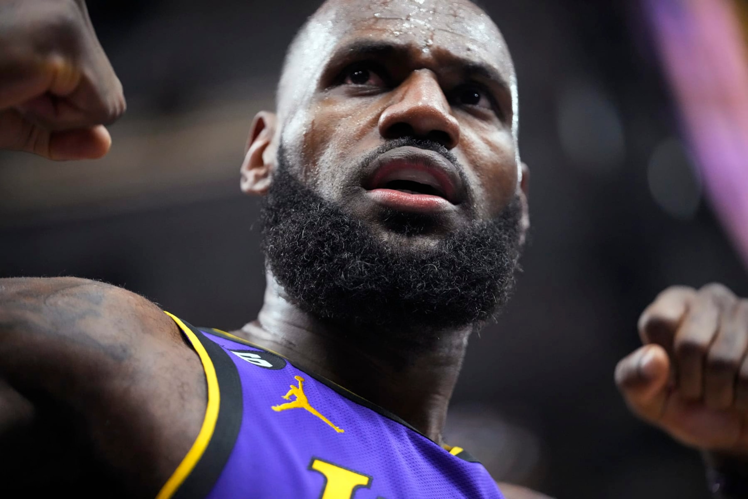 Los Angeles Lakers forward LeBron James reacts after scoring against the Utah Jazz during the first half of an NBA basketball game Tuesday, April 4, 2023, in Salt Lake City. (AP Photo/Rick Bowmer) Los Angeles Lakers forward LeBron James reacts after scoring against the Utah Jazz during the first half of an NBA basketball game Tuesday, April 4, 2023, in Salt Lake City. (AP Photo/Rick Bowmer)