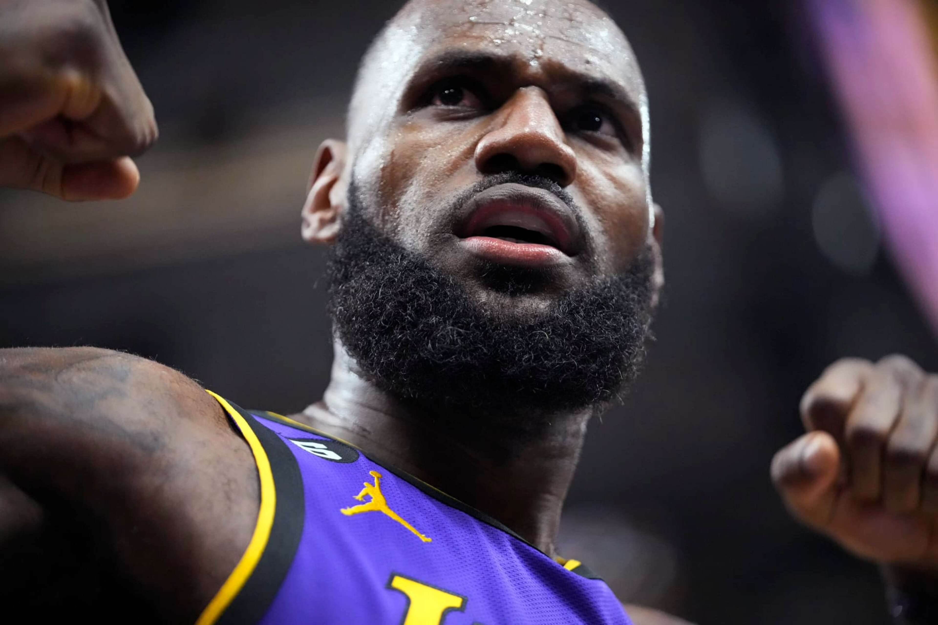 Los Angeles Lakers forward LeBron James reacts after scoring against the Utah Jazz during the first half of an NBA basketball game Tuesday, April 4, 2023, in Salt Lake City. (AP Photo/Rick Bowmer) Los Angeles Lakers forward LeBron James reacts after scoring against the Utah Jazz during the first half of an NBA basketball game Tuesday, April 4, 2023, in Salt Lake City. (AP Photo/Rick Bowmer)