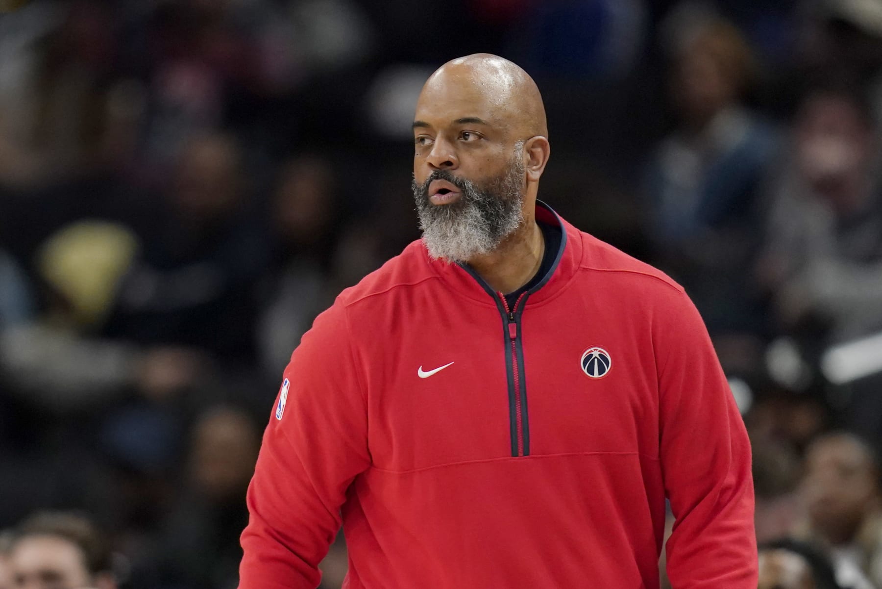 WASHINGTON, DC - MARCH 31: Washington Wizards head coach Wes Unseld Jr. looks on during the game against the Orlando Magic at Capital One Arena on March 31, 2023 in Washington, DC. NOTE TO USER: User expressly acknowledges and agrees that, by downloading and or using this photograph, User is consenting to the terms and conditions of the Getty Images License Agreement. (Photo by Jess Rapfogel/Getty Images)