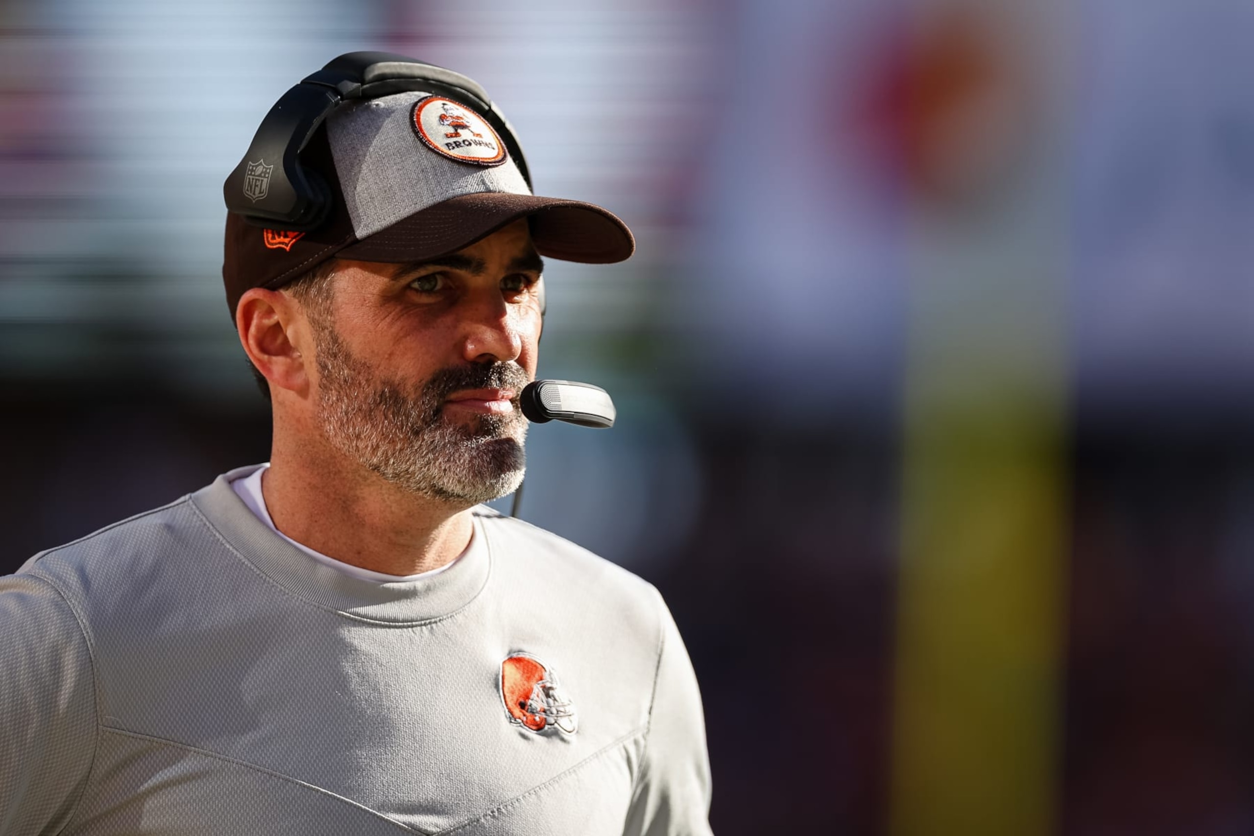 LANDOVER, MD - JANUARY 01: Head coach Kevin Stefanski of the Cleveland Browns looks on against the Washington Commanders during the first half of the game at FedExField on January 1, 2023 in Landover, Maryland. (Photo by Scott Taetsch/Getty Images)