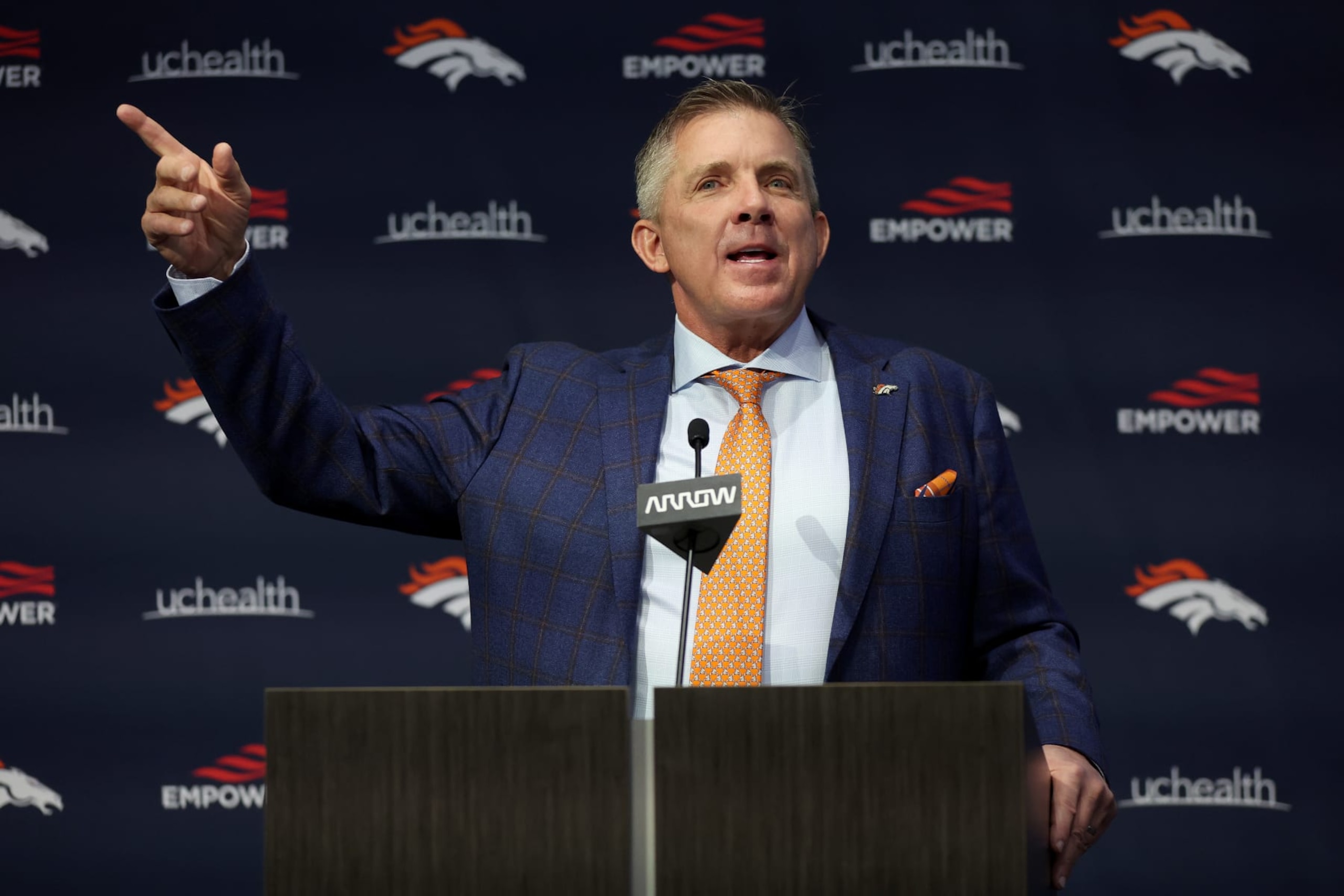 ENGLEWOOD, COLORADO - FEBRUARY 06: New Denver Broncos Coach Sean Payton addresses the media during a press conference at UCHealth Training Center on February 06, 2023 in Englewood, Colorado. (Photo by Matthew Stockman/Getty Images)