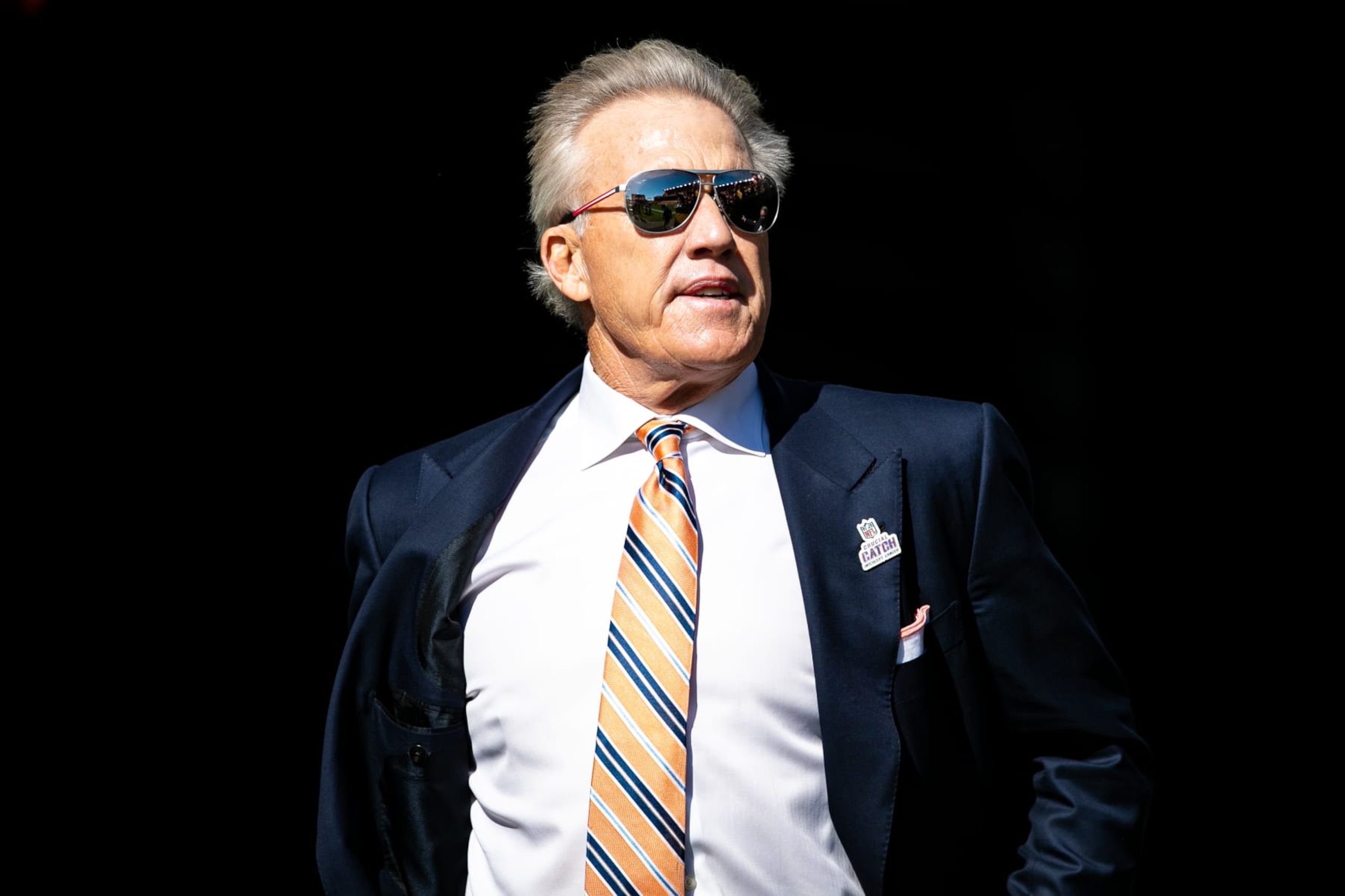PITTSBURGH, PA - OCTOBER 10: President of football operations for the Denver Broncos John Elway looks on during the game against the Denver Broncos and the Pittsburgh Steelers on October 10, 2021 at Heinz Field in Pittsburgh, PA. (Photo by Mark Alberti/Icon Sportswire via Getty Images)