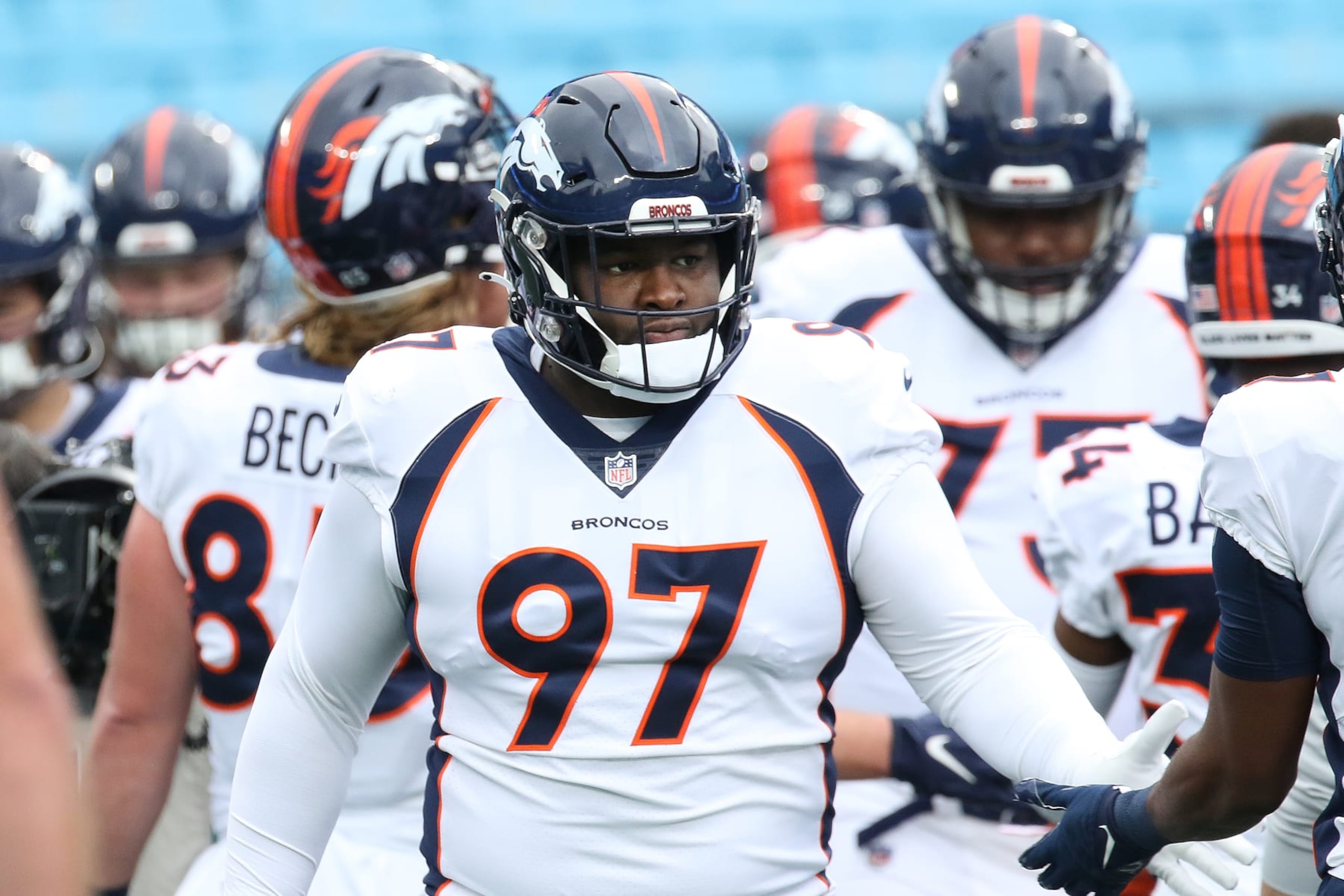 CHARLOTTE, NC - NOVEMBER 27: Denver Broncos nose tackle D.J. Jones (97) during an NFL football game between the Denver Broncos and the Carolina Panthers on November 27, 2022, at Bank of America Stadium in Charlotte, N.C. (Photo by John Byrum/Icon Sportswire via Getty Images)
