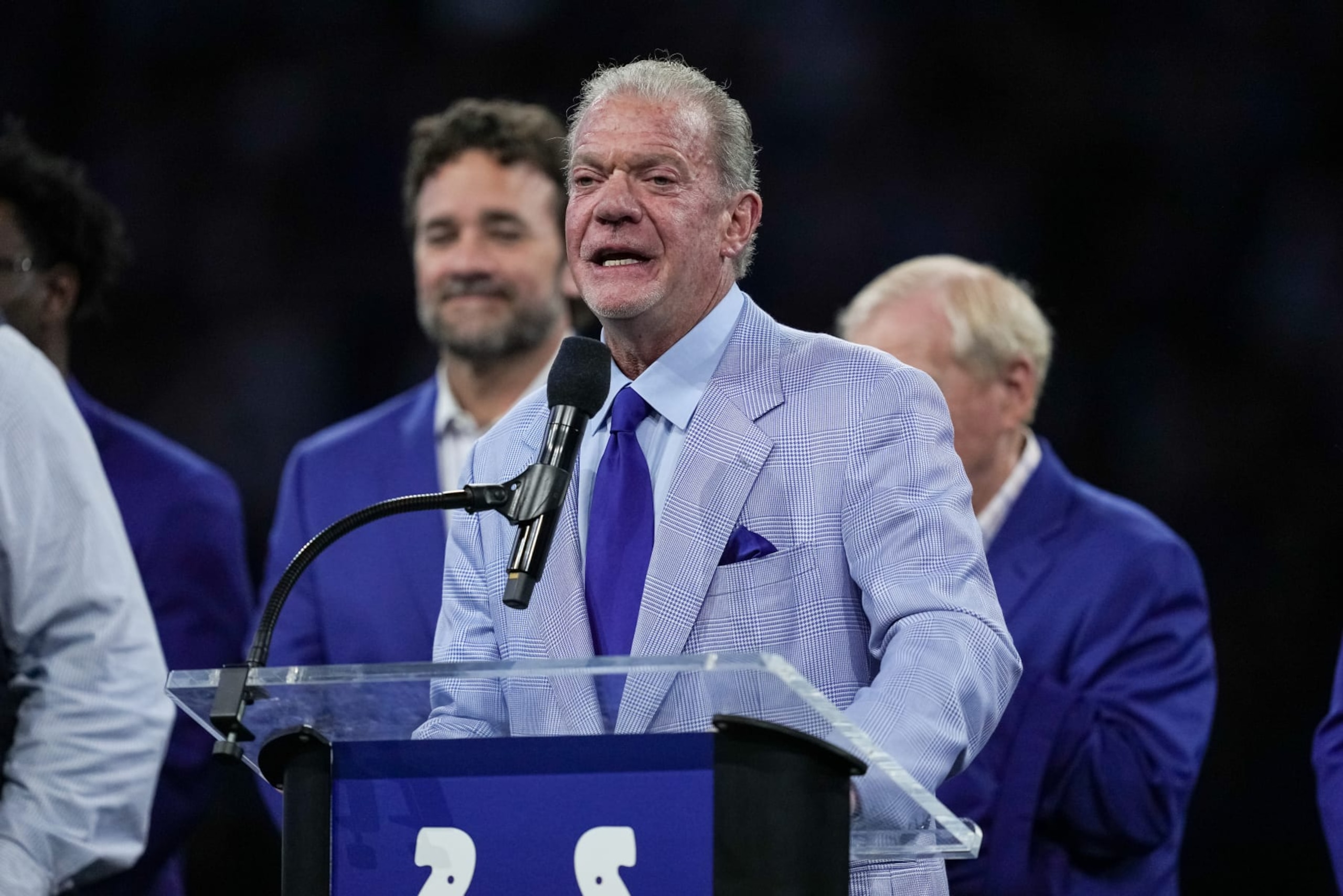 INDIANAPOLIS, INDIANA - OCTOBER 30: Indianapolis Colts owner and CEO Jim Irsay speaks during a ceremony honoring former player Tarik Glenn during halftime of the game between the Washington Commanders and the Indianapolis Colts at Lucas Oil Stadium on October 30, 2022 in Indianapolis, Indiana. (Photo by Dylan Buell/Getty Images)