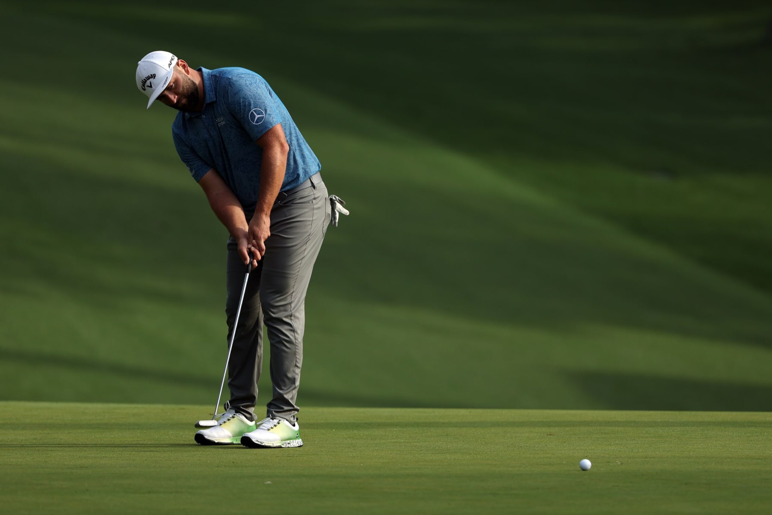 AUGUSTA, GEORGIA - APRIL 05: Jon Rahm of Spain putts on the tenth green during a practice round prior to the 2023 Masters Tournament at Augusta National Golf Club on April 05, 2023 in Augusta, Georgia. (Photo by Patrick Smith/Getty Images)