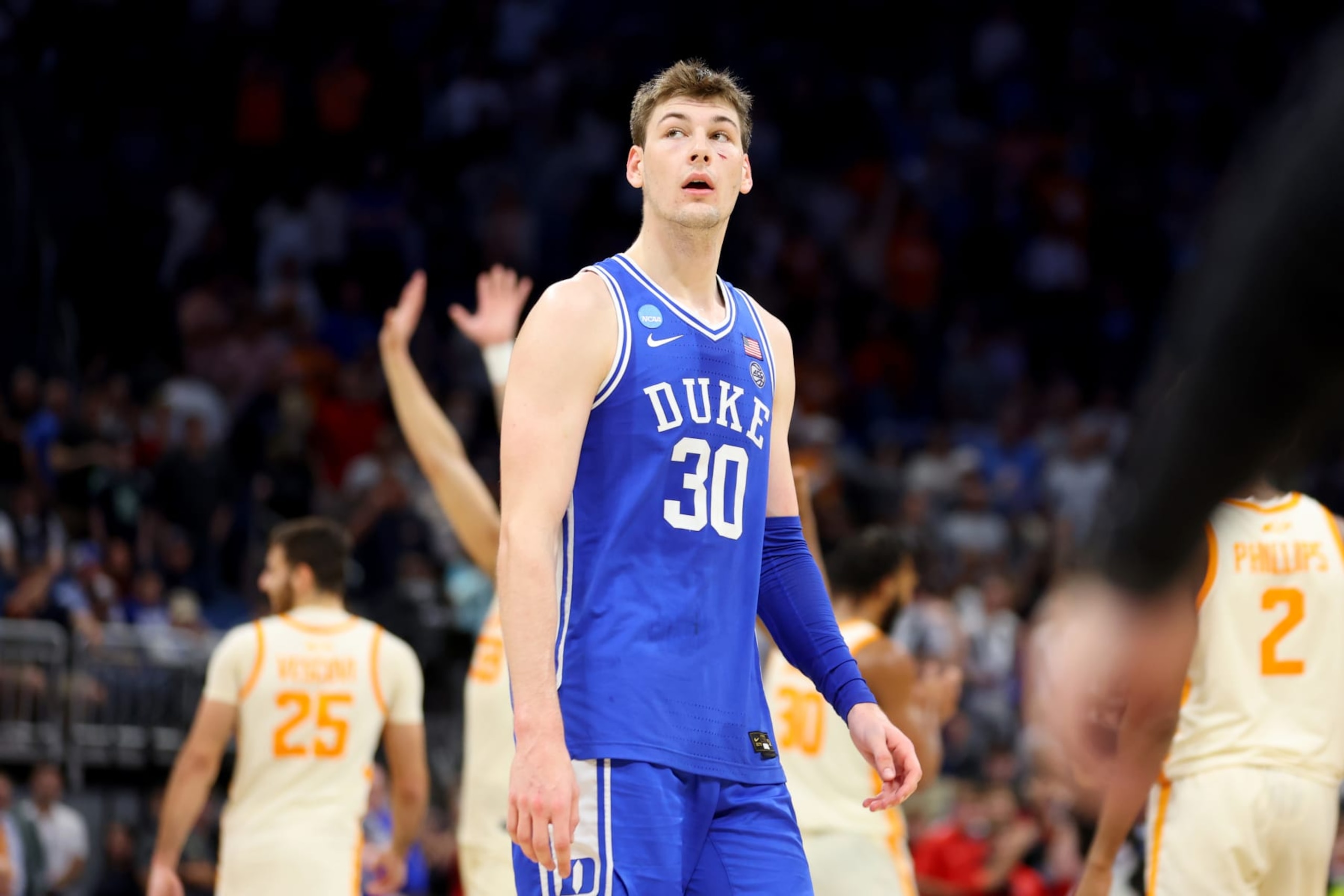 ORLANDO, FLORIDA - MARCH 18: Kyle Filipowski #30 of the Duke Blue Devils reacts after losing to the Tennessee Volunteers in the second round of the NCAA Men's Basketball Tournament at Amway Center on March 18, 2023 in Orlando, Florida. (Photo by Mike Ehrmann/Getty Images)